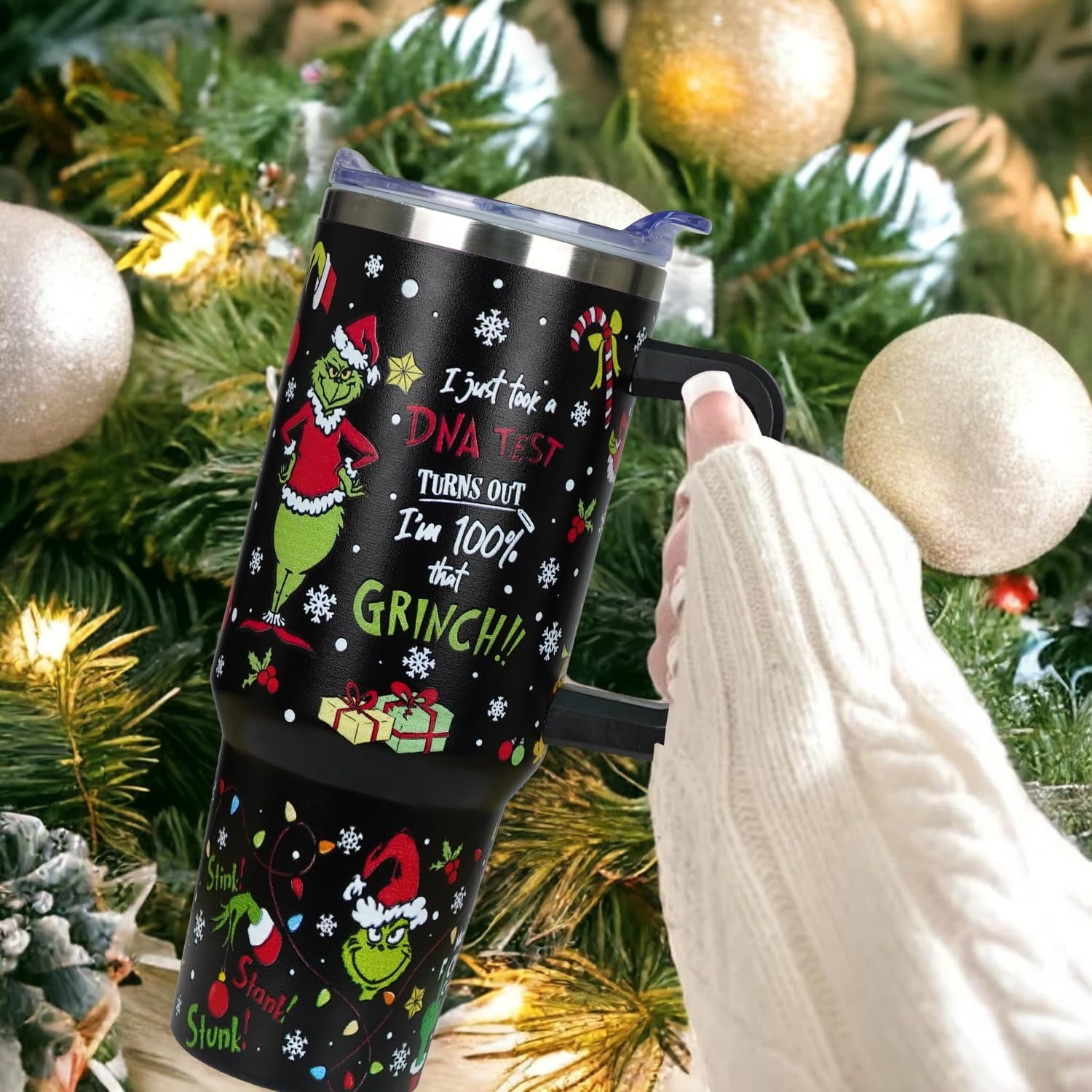 40 oz Christmas Tumbler with Handle Gifts for Girls Daughter Women, Christmas Stainless Steel Insulated Coffee Cups Tumblers with Lids and Straws, Black