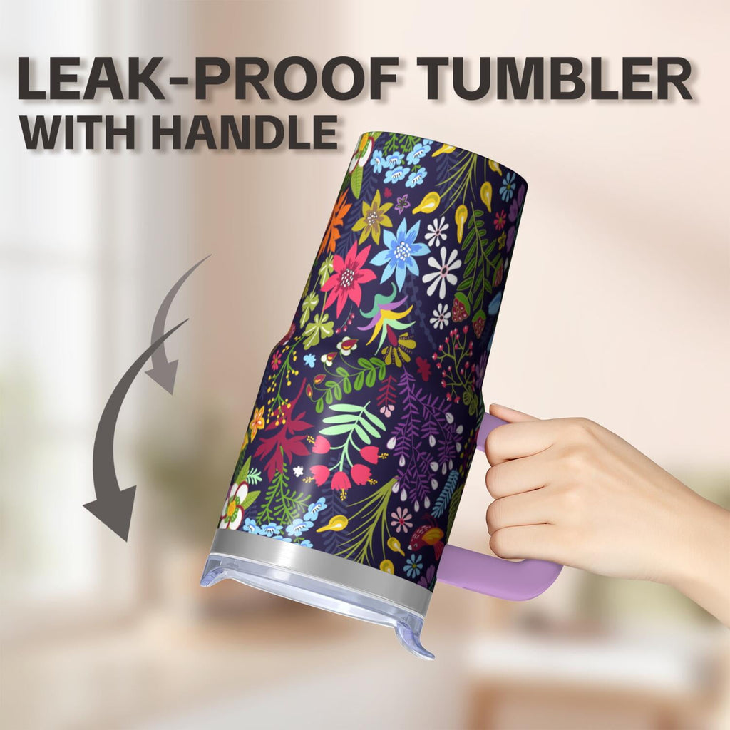 Women's Gift 20oz Floral Tumbler, Stainless Steel Insulated Travel Coffee Cup with Handle, Comes with Straw and Leak-Proof Top