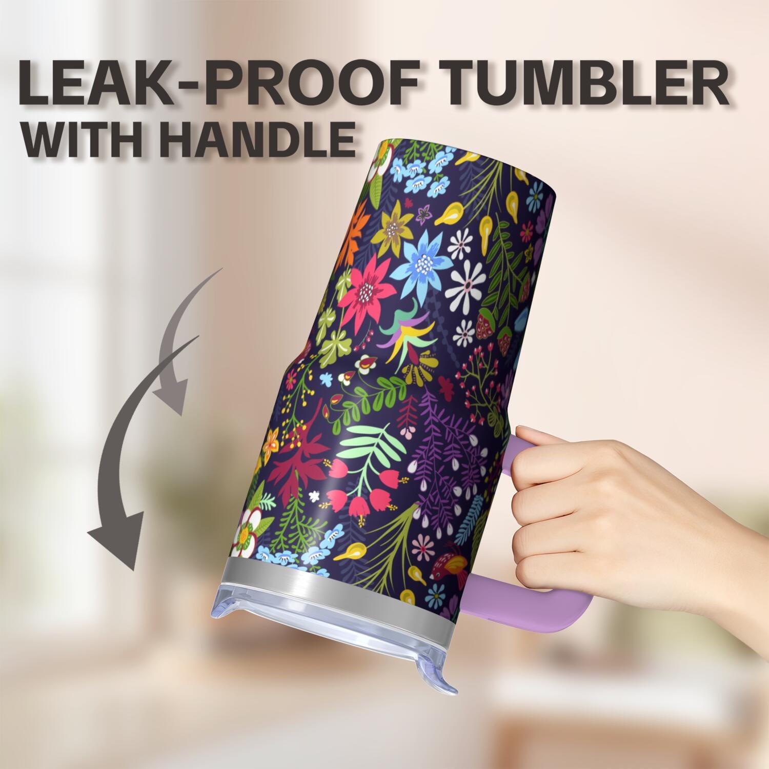 Women's Gift 20oz Floral Tumbler, Stainless Steel Insulated Travel Coffee Cup with Handle, Comes with Straw and Leak-Proof Top