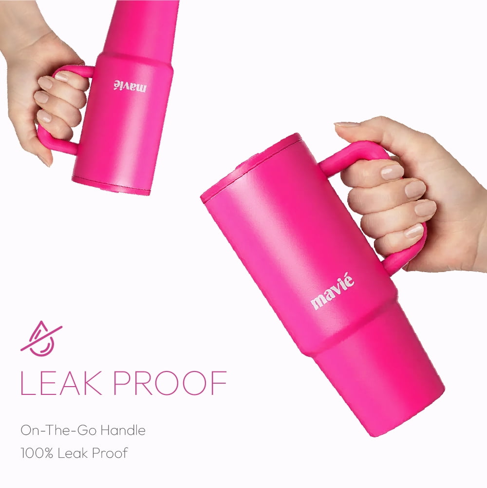 MAVIÉ 40oz Tumbler With Handle & Built-In Flip Straw, Double Insulated Stainless Steel Water Bottle With Leakproof Clear Lid, Scratch Resistant, Reusable Cup Holder Friendly Travel Coffee Mug (Pink)