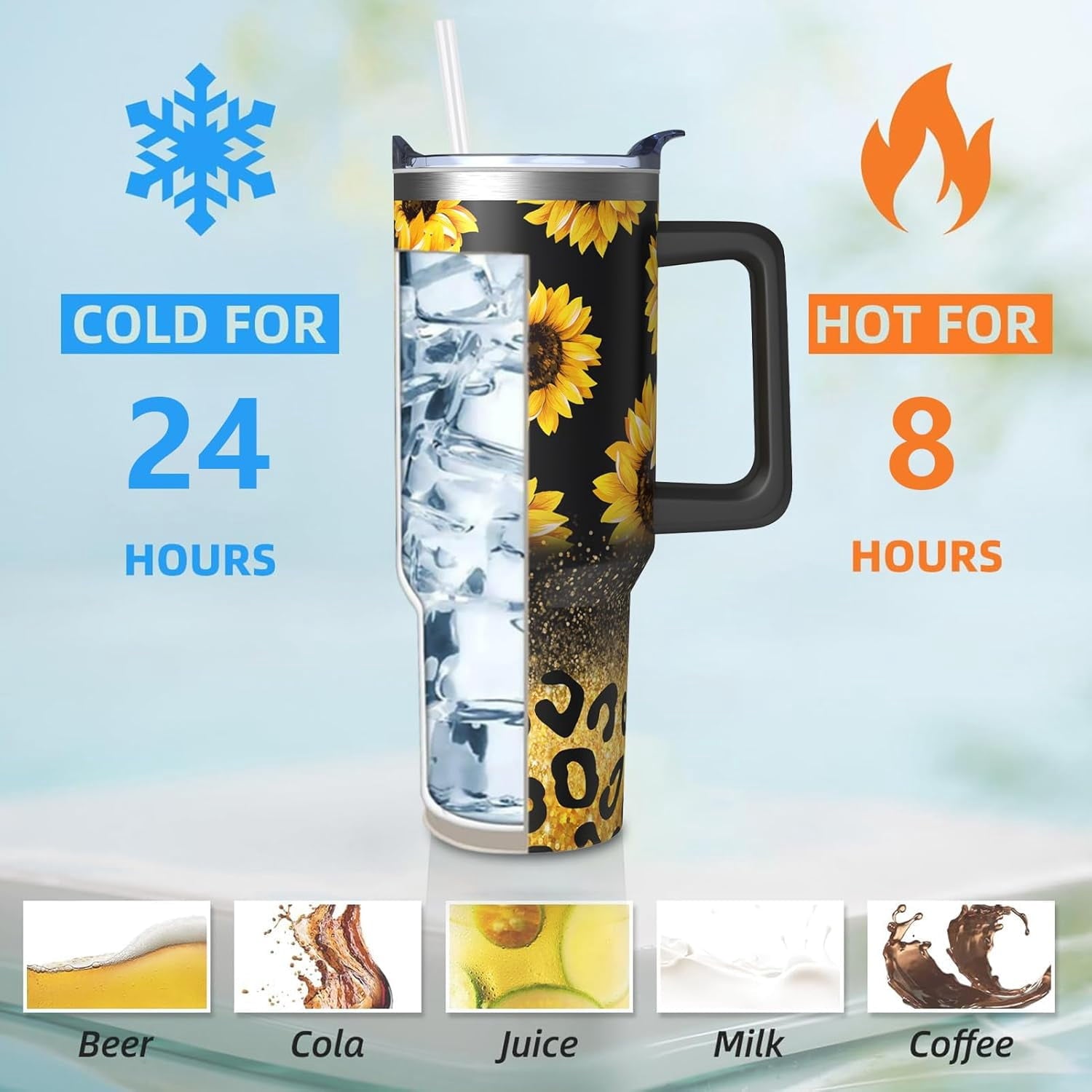 Sunflower Gifts Cup for Women Girls, 40oz Tumbler with Handle and Straw Lid, Stainless Steel Double Walled Insulated Mug Water Bottle, Sun Flowers Floral Lover Birthday Gift Idea