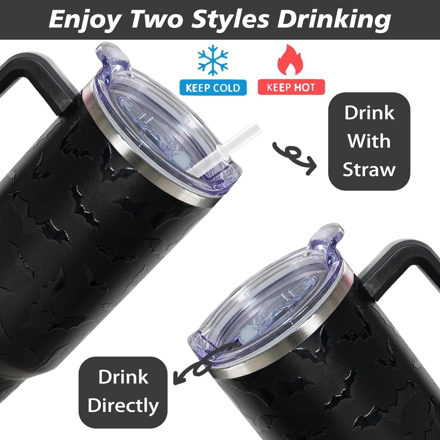 40 oz Halloween Tumbler with Lid and Straw - 5D Bat Print Tumblers with Handle Halloween Stainless Steel Insulated Travel Cup Black Coffee Cups Gifts for Women Men Adults