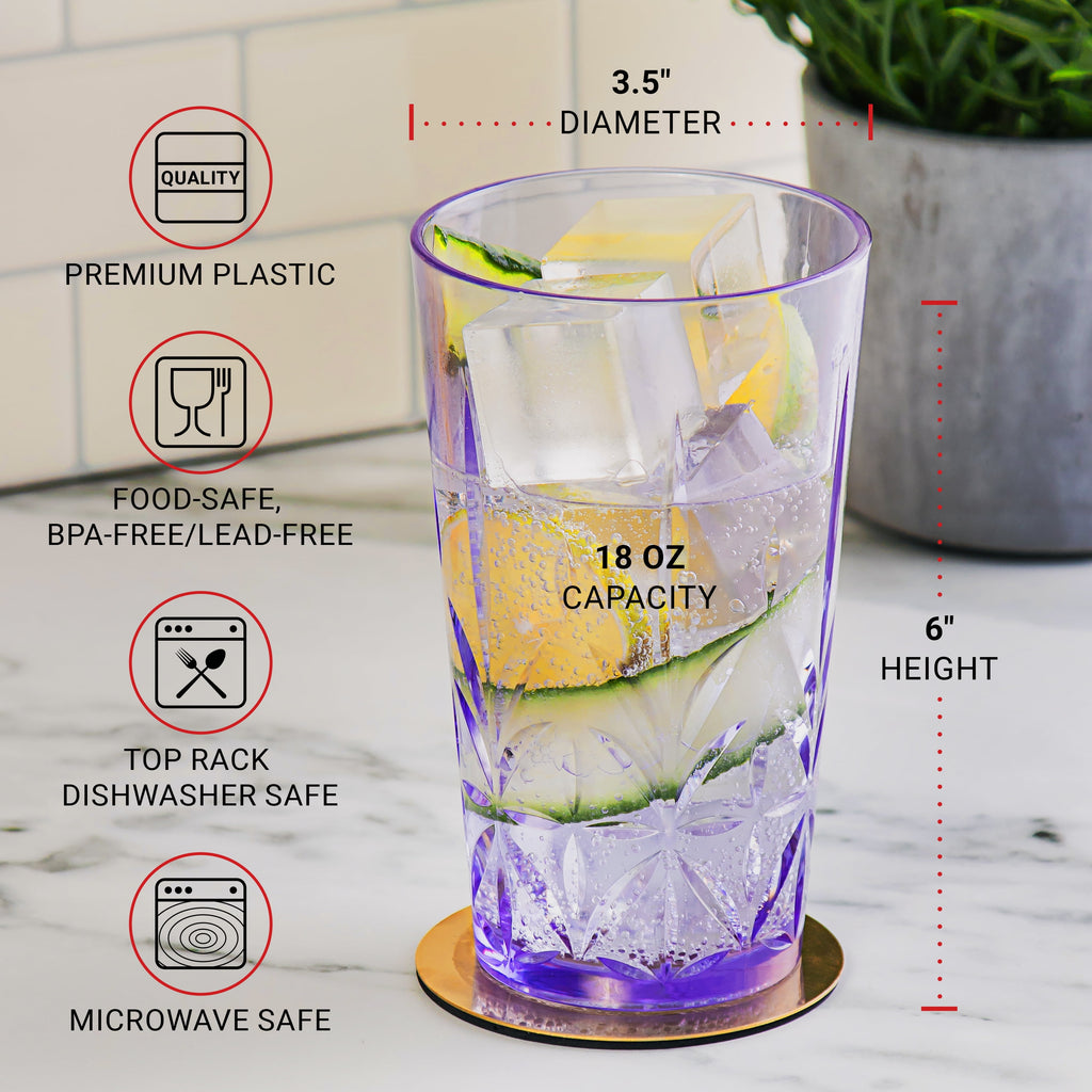 Bravario Royal Plastic Drinking Tumbler, Dishwasher-Safe BPA-Free Water Glasses, Durable Mixed Colors Assorted Stackable Cups, 18 oz Set of 6