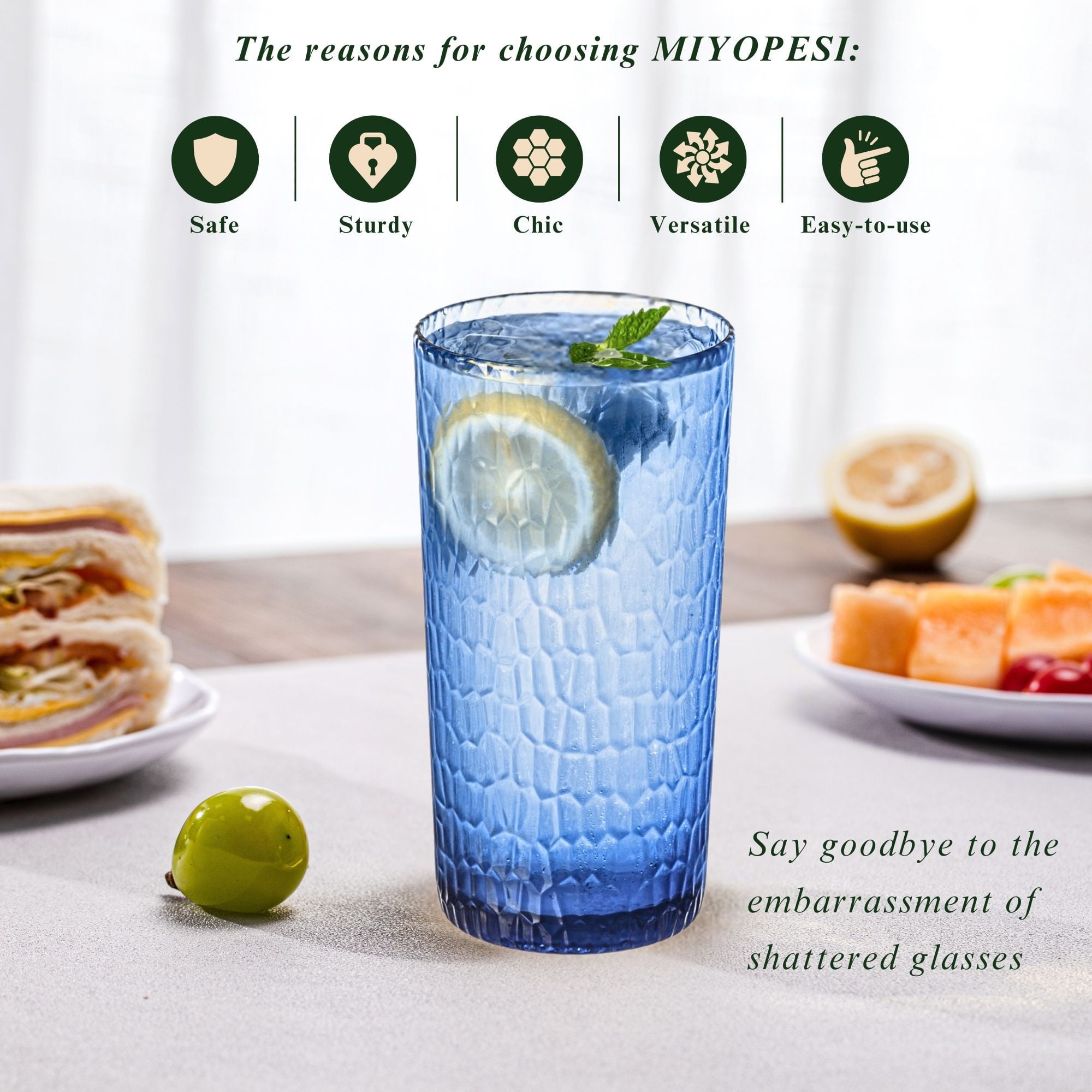MIYOPESI 22oz Blue Acrylic Glasses Drinkware (Set of 6), Honeycomb BPA-Free Shatter-Proof Plastic Tumblers
