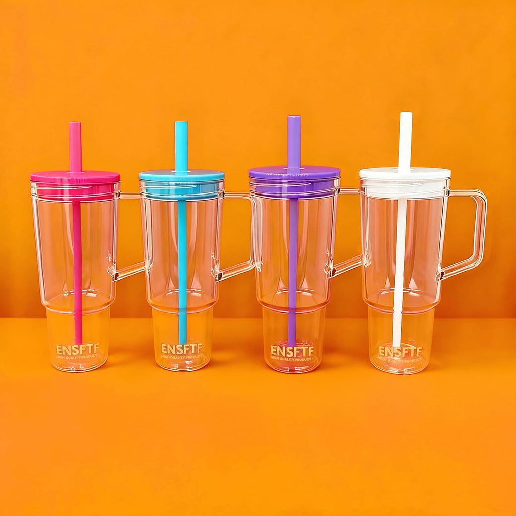 40 oz Insulated Clear Tumbler with Handle, Lid, and Straw | Reusable | Suitable for Hot & Cold Drinks | Double-Walled Plastic Water Bottle | Leak-Proof | BPA-Free | White