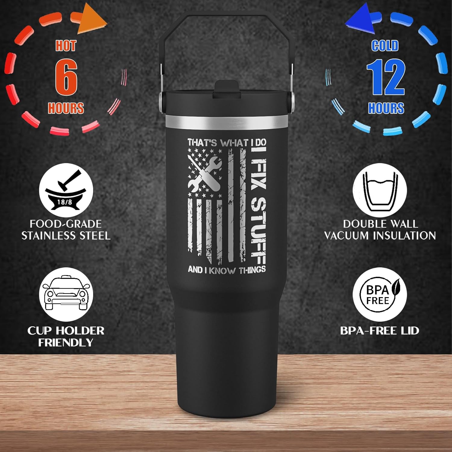 Funny Gifts For Men - That's What I Do I Fix Stuff and I Know Things Cup - 30oz Insulated Tumbler with Handle - Cool Fathers Day,Birthday,Christmas Gifts for Dad,Grandpa,Husband,Uncle