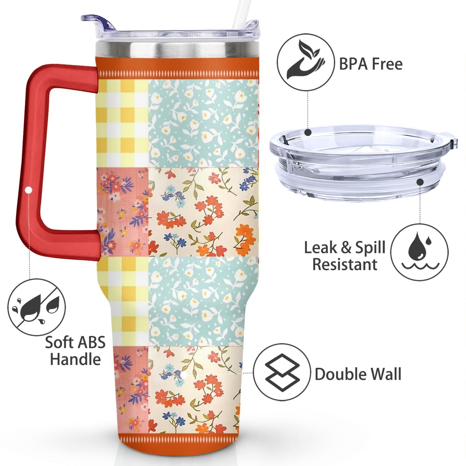 40oz Pioneer Colorful Floral Stainless Steel Flip Straw Tumbler with Lid and Straw Spill Proof Travel Cup Double Wall Vacuum Insulated Coffee Mug with Handle Red