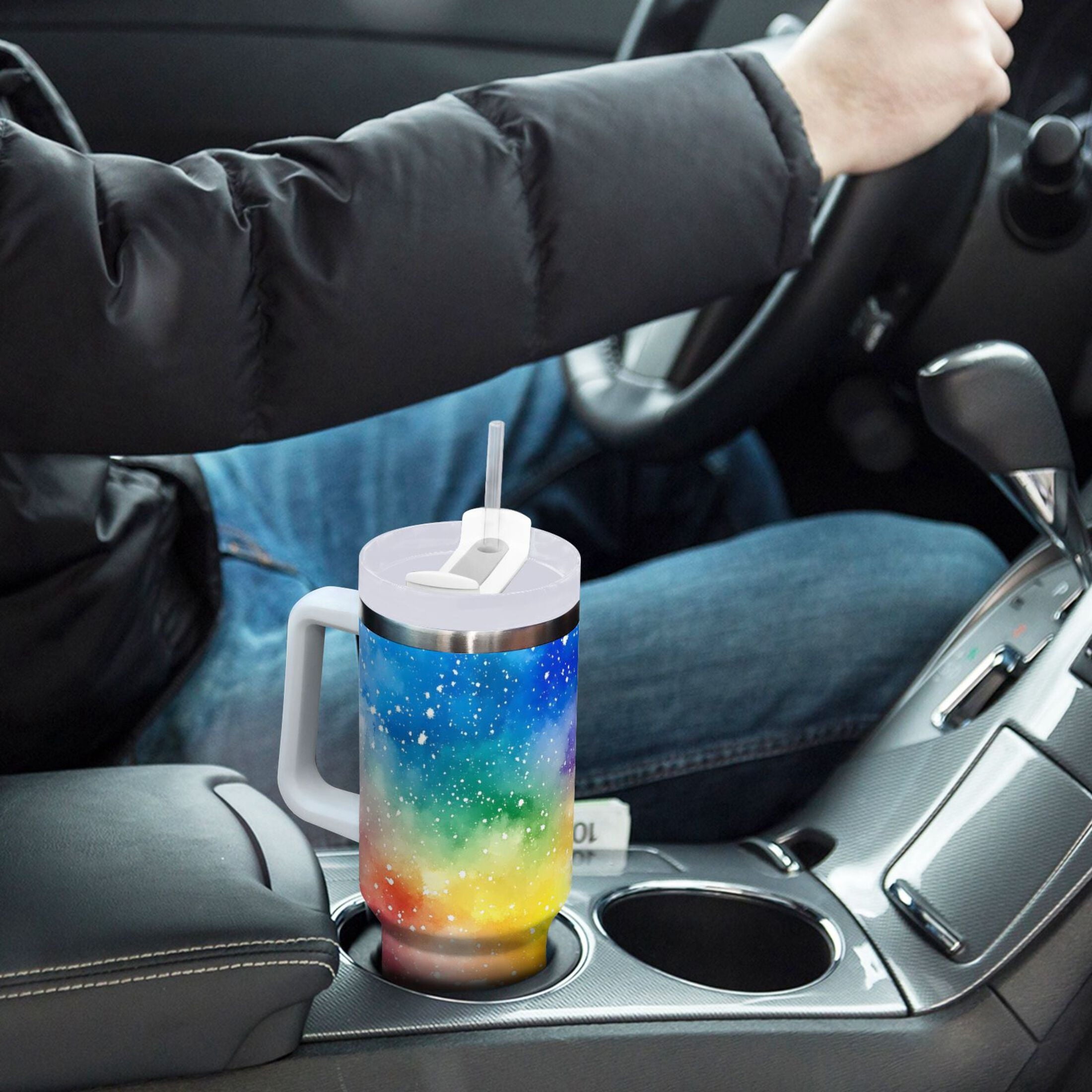 Ryvnso 40 oz Tumbler with Handle and Straw Rainbow Tie-dye Insulated Stainless Steel Travel Mug with Lid