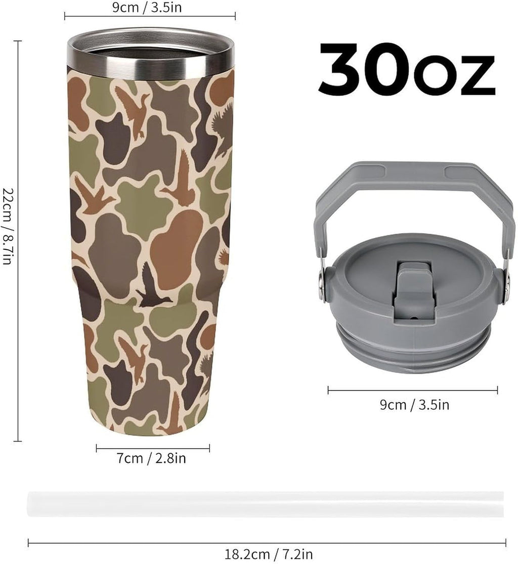 Stainless Steel Tumbler with Lid And Straw 30 Oz Top Handle Duck Hunting Camo Leakproof Vacuum Insulated Water Bottle for Car Travel