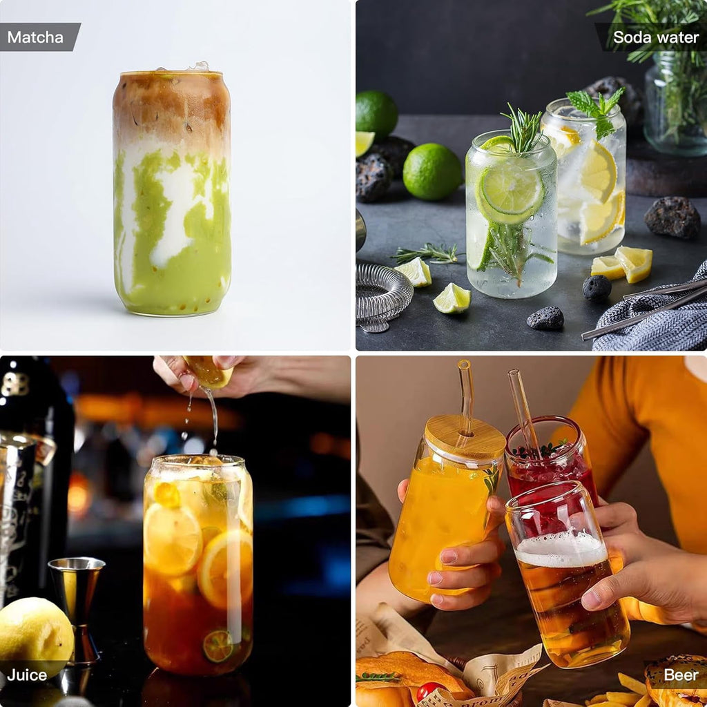 20 Oz Glass Cups with Lids and Straws 2Pcs,Glass Iced Coffee Cups,20 Oz Glass Tumbler with Bamboo Lid and Straw for Smoothie,Cocktail Beer, Whiskey,Soda(2 Clean Brush)