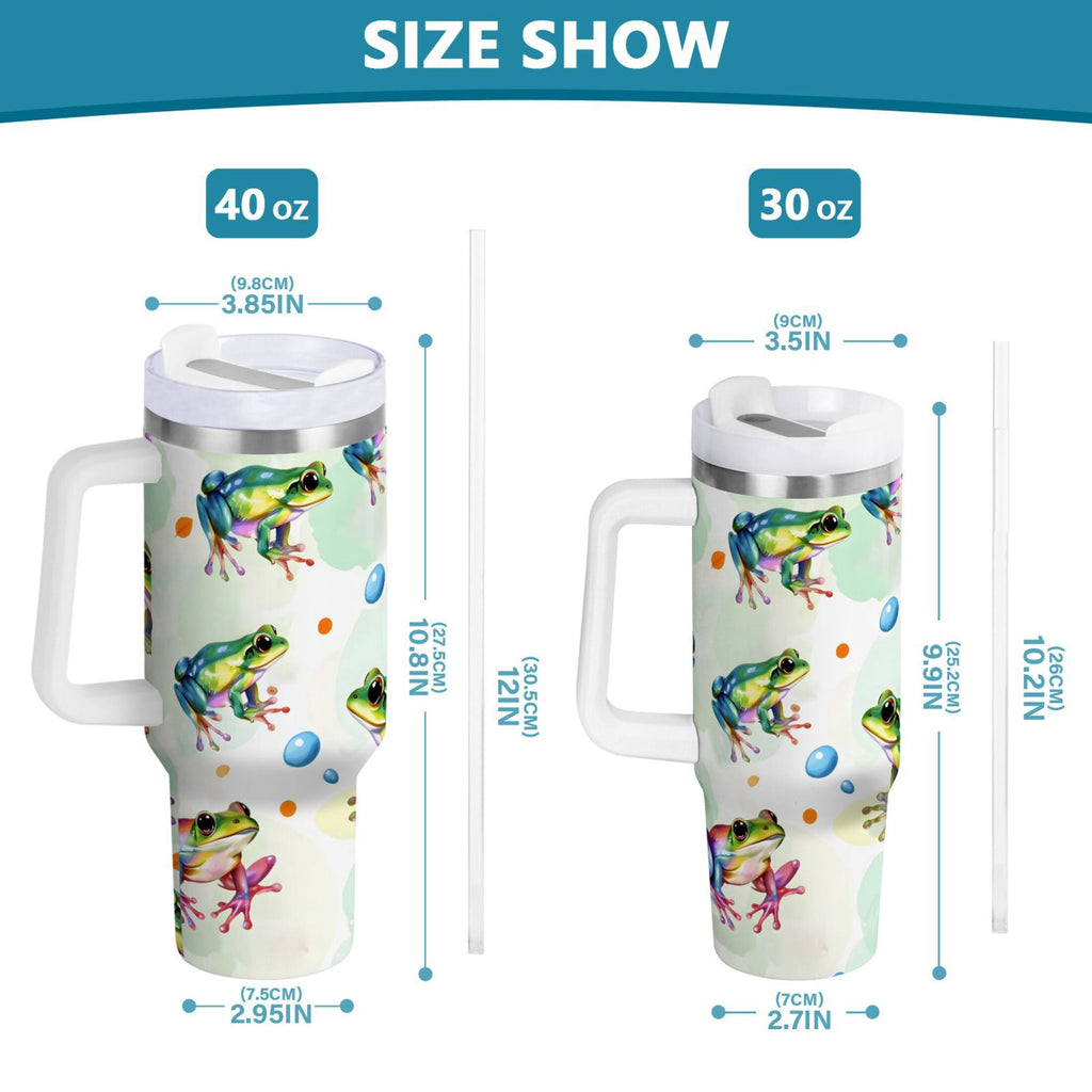 Ryvnso 40 oz Tumbler with Handle and Straw Cartoon Frogs Green Insulated Stainless Steel Travel Mug with Lid