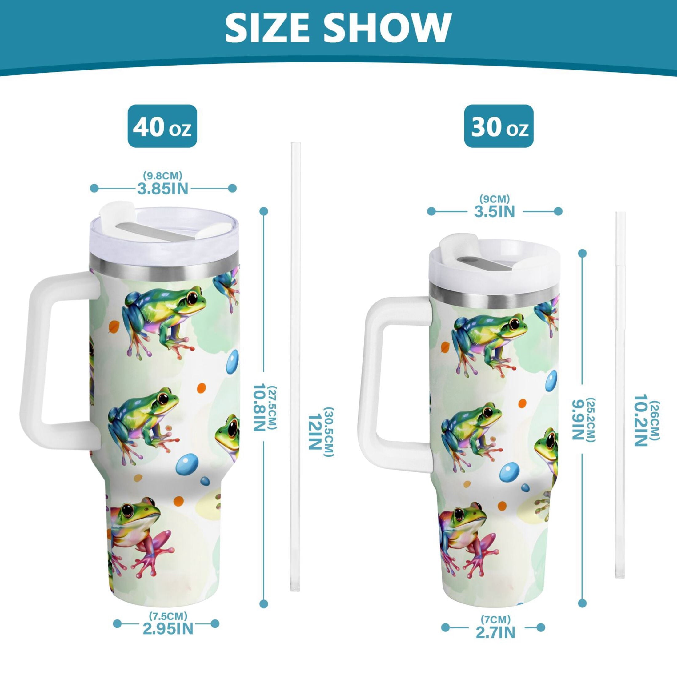 Ryvnso 40 oz Tumbler with Handle and Straw Cartoon Frogs Green Insulated Stainless Steel Travel Mug with Lid