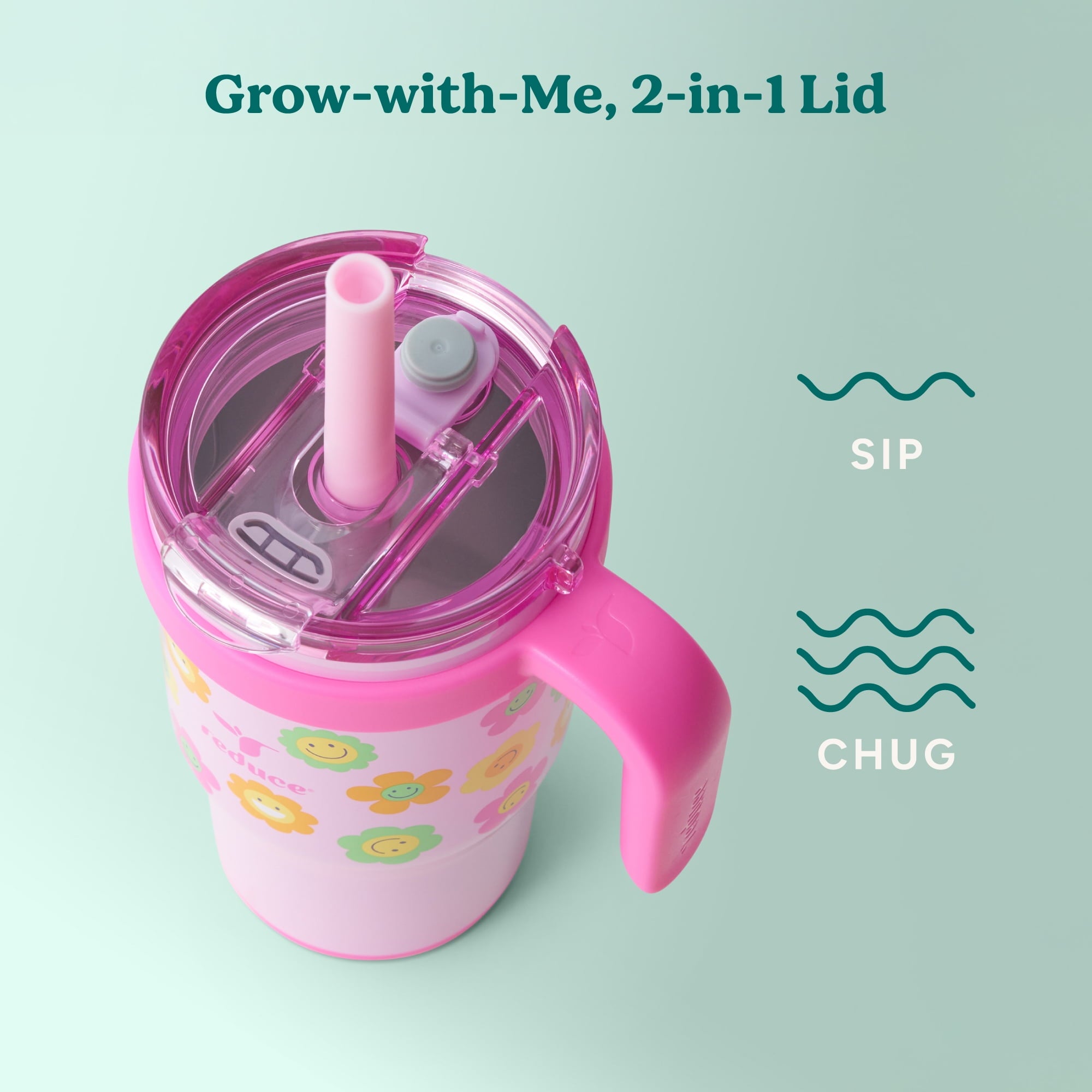 Reduce Coldee Kids Insulated Tumbler with Straw, 18oz Stainless Steel Spill-Proof Cup with Handle, Smiles