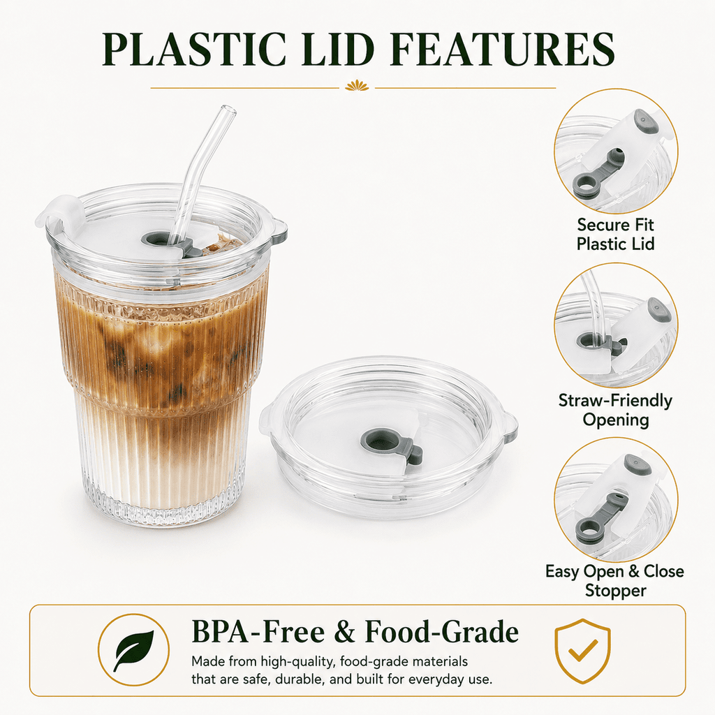 14 oz Ribbed Glass Tumblers with Lids and Glass Straws – 4-Piece Glassware Set, Thickened Wall, Ideal for Iced Coffee, Smoothies, Cocktails, and Juices – Elegant and Durable Drinkware