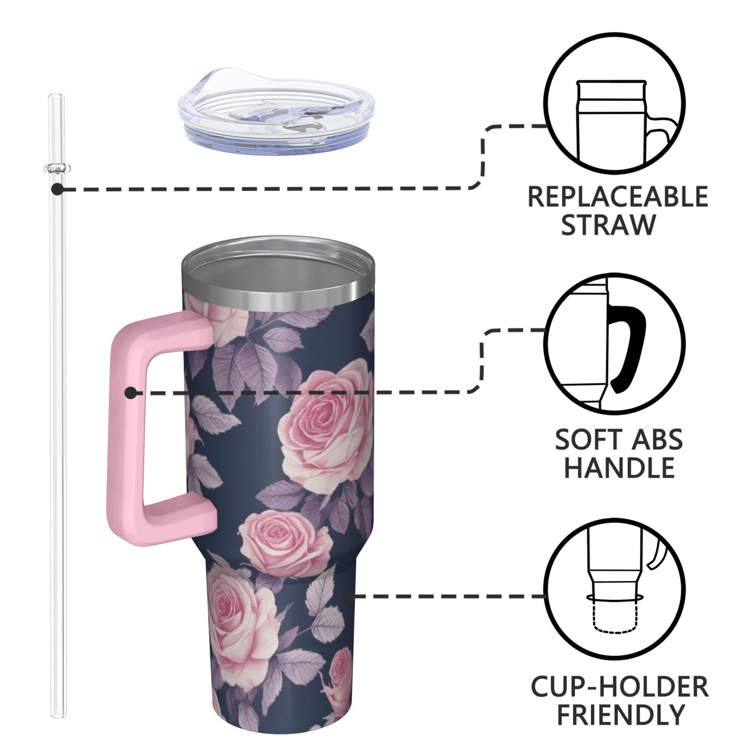OBREWU Pioneer Flower Tumbler with Handle and Lid,Pioneer Flower 40oz Double Wall Vacuum Insulated Tumbler,Cups Gift for Women and Men