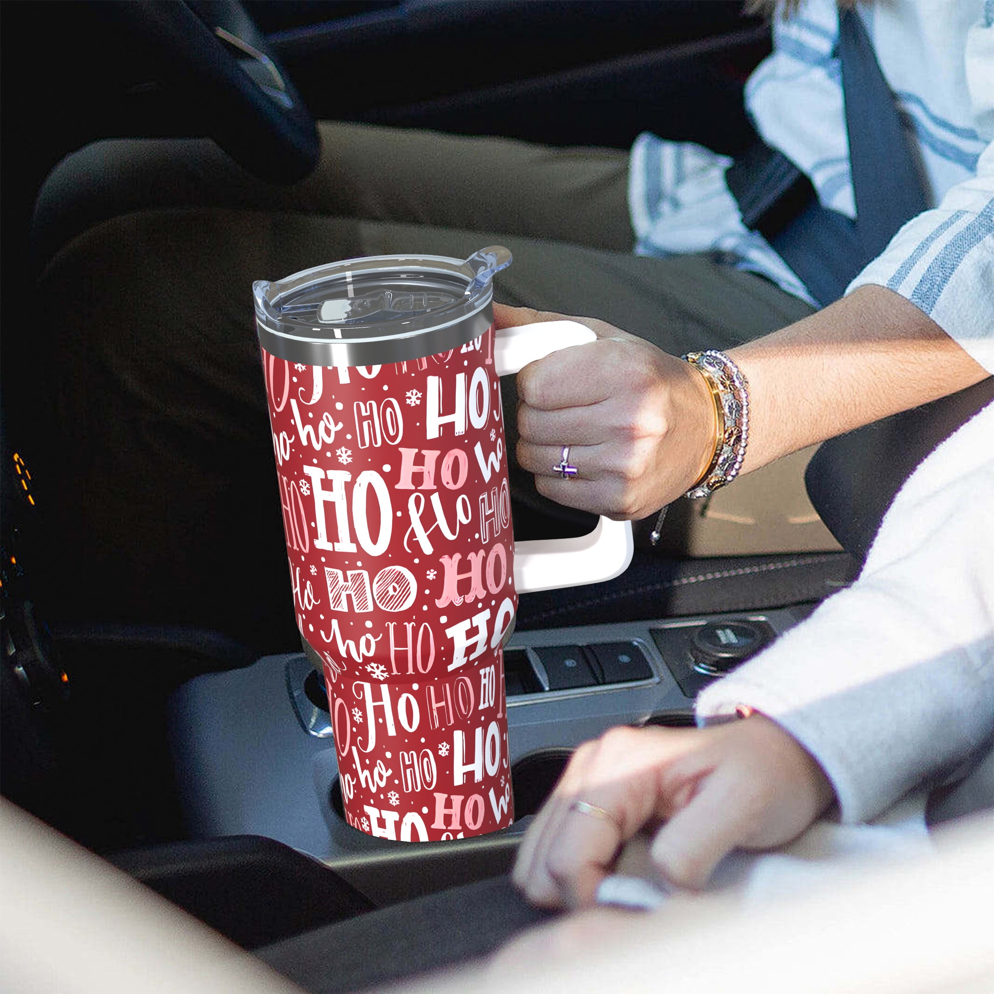 Christmas Tumbler with Handle and Straw Funny Ho Ho Ho Xmas Coffee Mug Water Bottle Travel Cup 30 oz