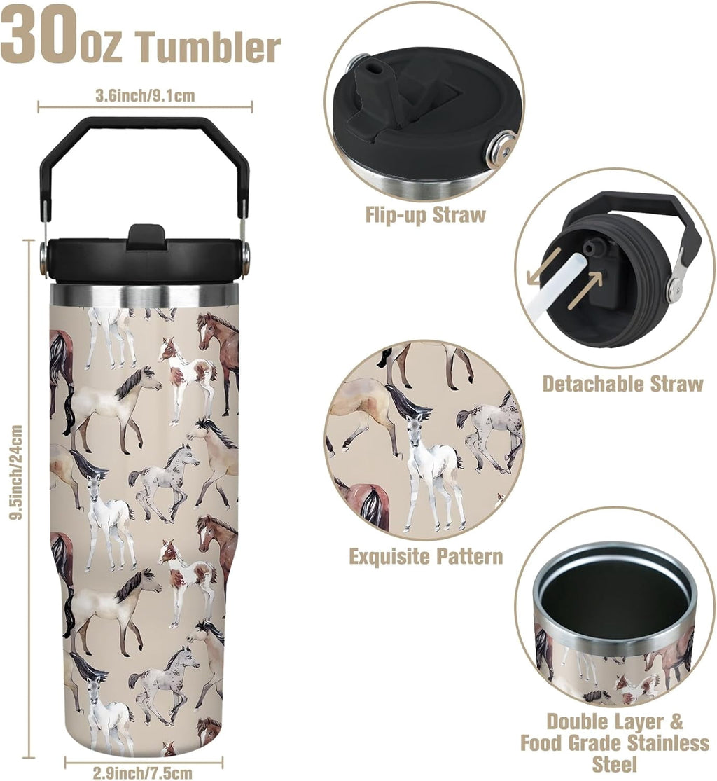30 oz Horse Tumbler With Handle and Straw, 30oz Horse Flip Straw Tumbler Insulated Coffee Travel Mugs Cup Water Bottle Horse Gifts for Horse Lovers Women Girls