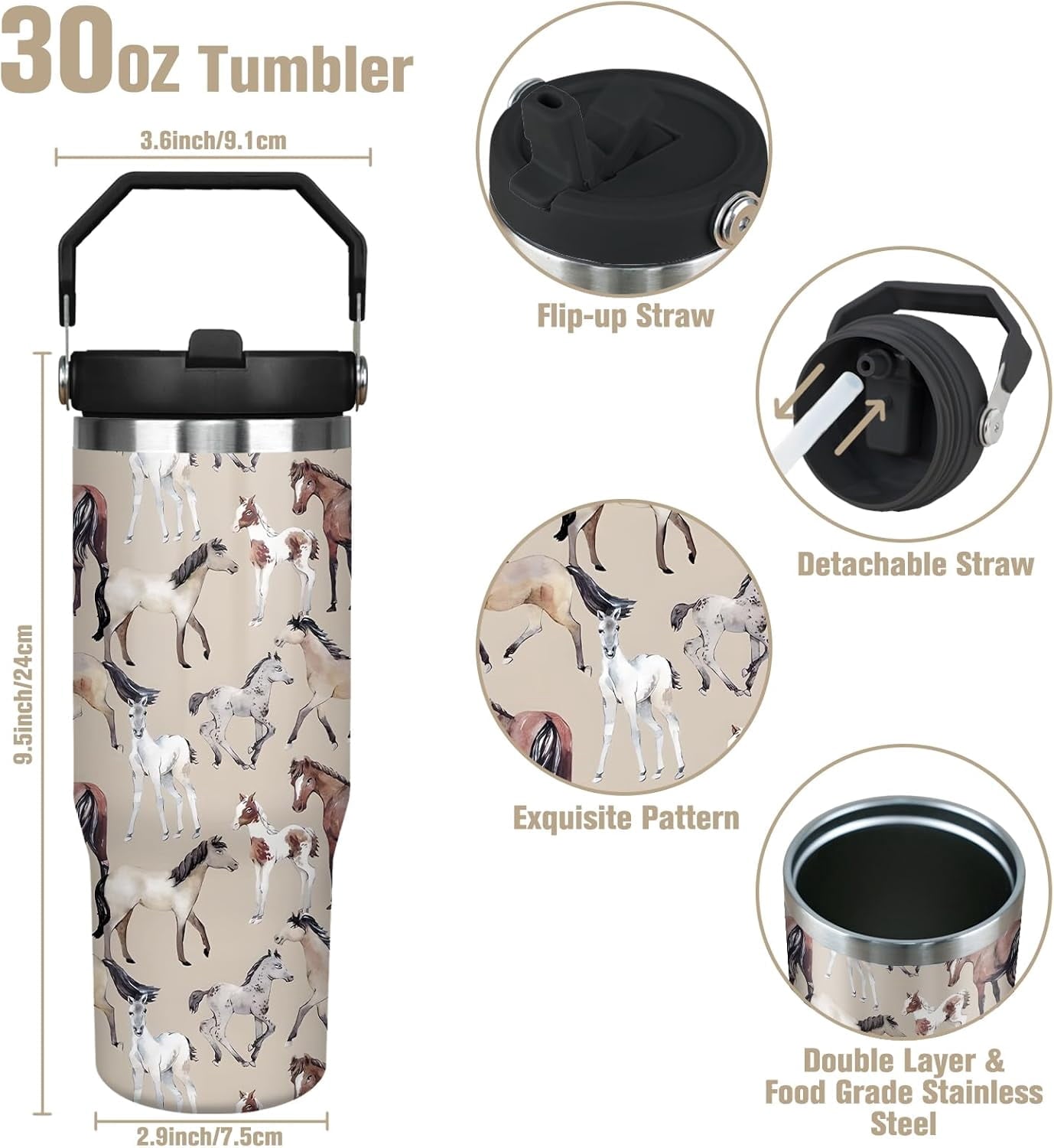 30 oz Horse Tumbler With Handle and Straw, 30oz Horse Flip Straw Tumbler Insulated Coffee Travel Mugs Cup Water Bottle Horse Gifts for Horse Lovers Women Girls