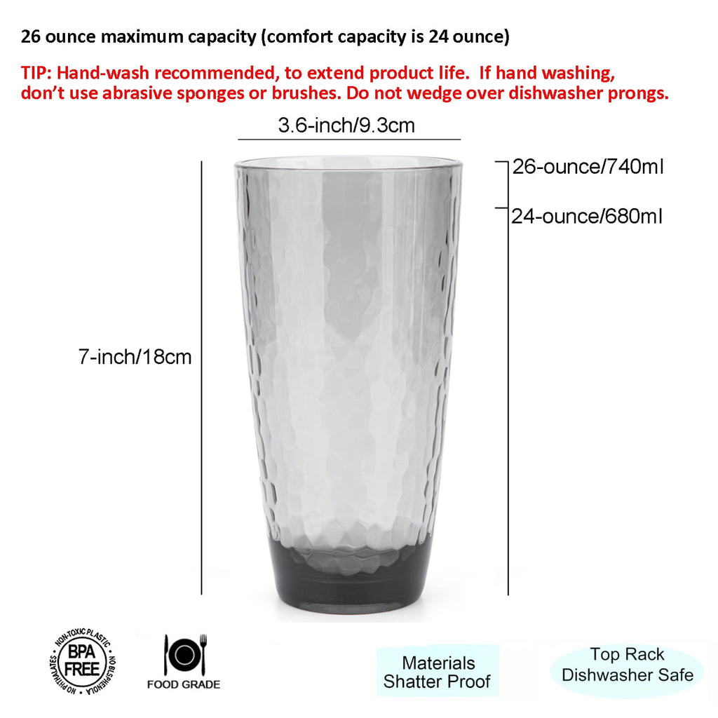 KX-Ware Hammered 26 Ounce Plastic Tumbler Acrylic Drinking Glasses, Set of 6 Grey Color