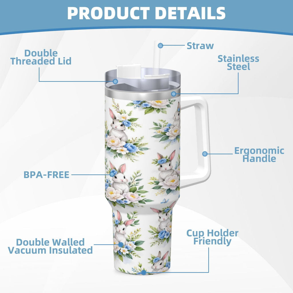 Easter Bunny Floral Cup Insulated Tumbler Stainless Steel Vacuum Travel Mug 40 oz with Handle and Straw Lid