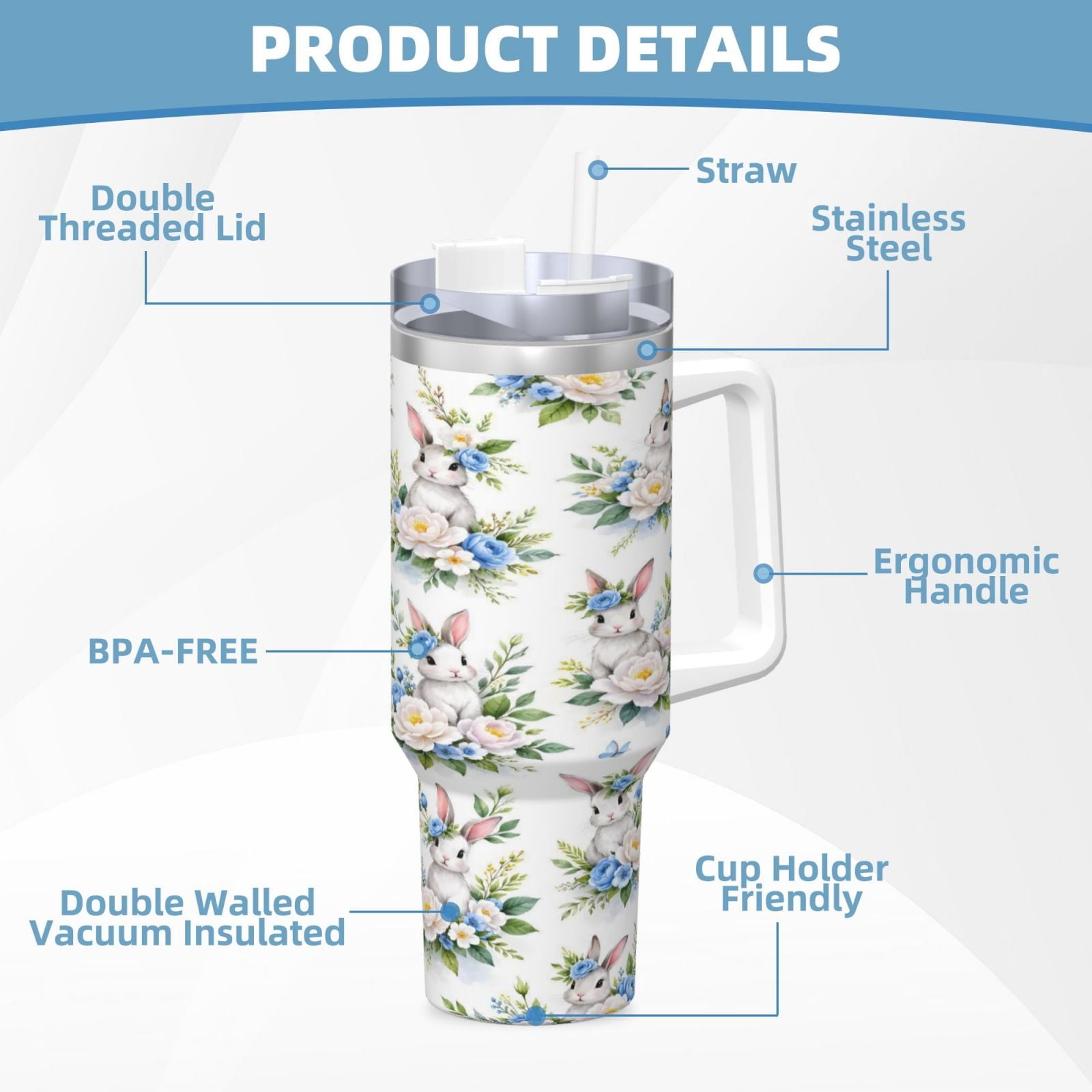 Easter Bunny Floral Cup Insulated Tumbler Stainless Steel Vacuum Travel Mug 40 oz with Handle and Straw Lid