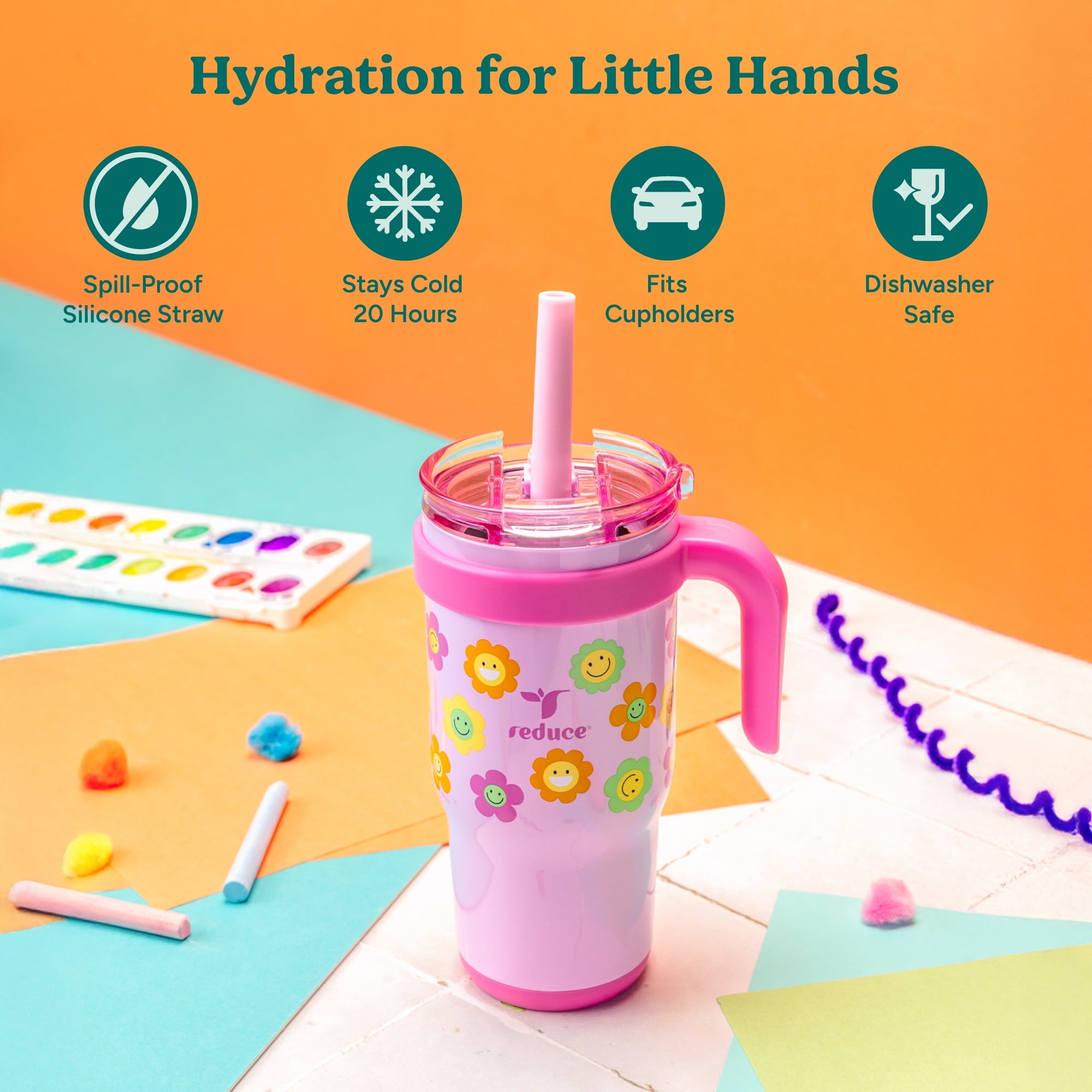 Reduce Coldee Kids Insulated Tumbler with Straw, 18oz Stainless Steel Spill-Proof Cup with Handle, Smiles