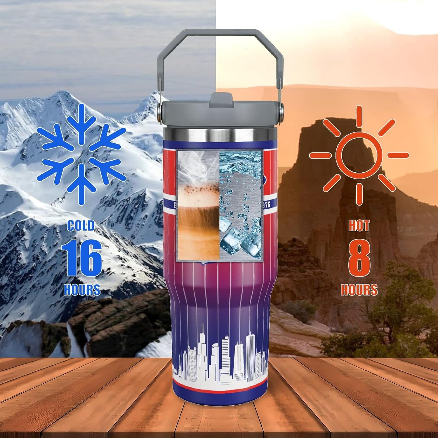 30oz Chicago Tumbler with Handle and Straw, Chicago Gifts for Men, Stainless Steel Vacuum Insulated Flip Straw Spill Proof Travel Mug Cup