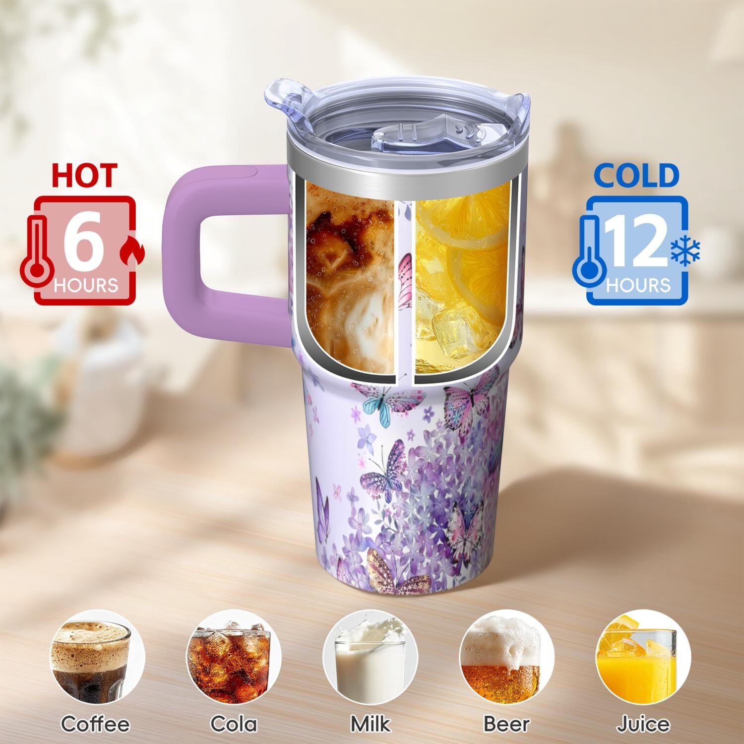20OZ Double Wall Insulated Tumbler with Handle Straw Stainless Steel Travel Mug Leak Proof Lid Vacuum Design Keeps Cold for 34 Hours Portable Cup Holder Fit Reusable Drinkware Butterfly Print