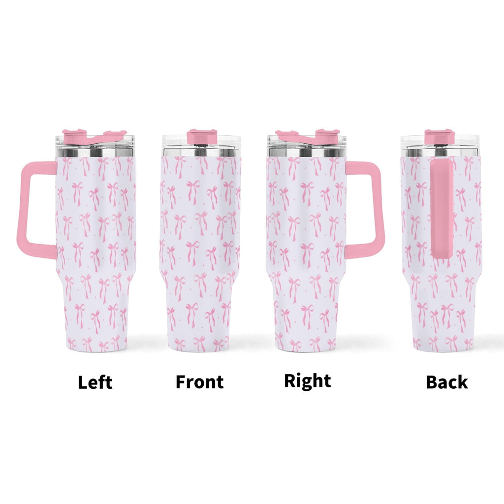 40oz Elegant Pink Bow Tumbler - Insulated Travel Mug with Handle, Reusable Straw & Leak-Proof Lid|Women's Gift for Birthday, Mother's Day, Valentine's & Holidays