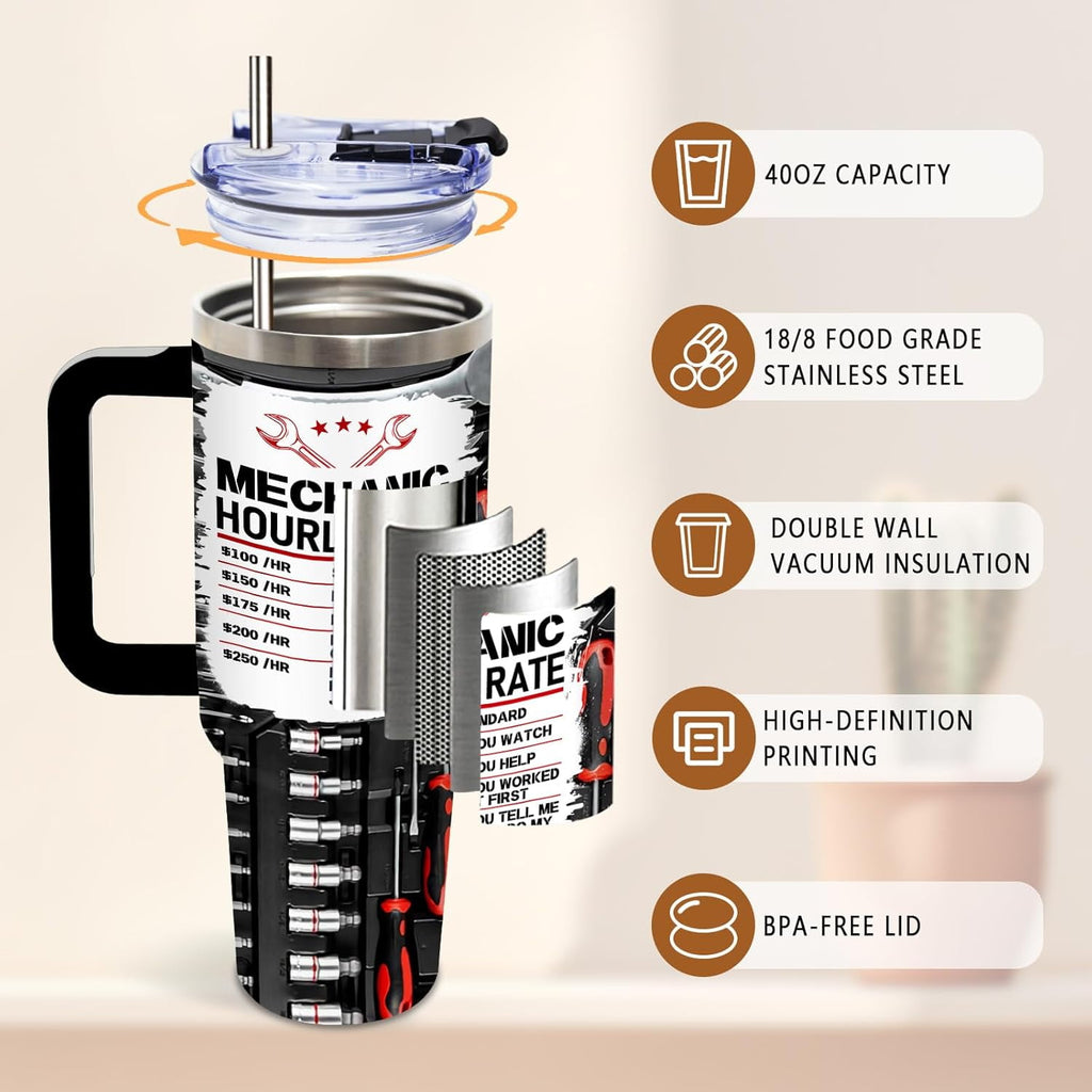 Mechanic Gifts, Mechanic Tumbler 40 Oz, Stainless Steel Insulated Mug, Perfect Birthday or Father’s Day Gift for Mechanics, Car Enthusiasts, Funny Coffee Travel Mug for Auto Repair Workers