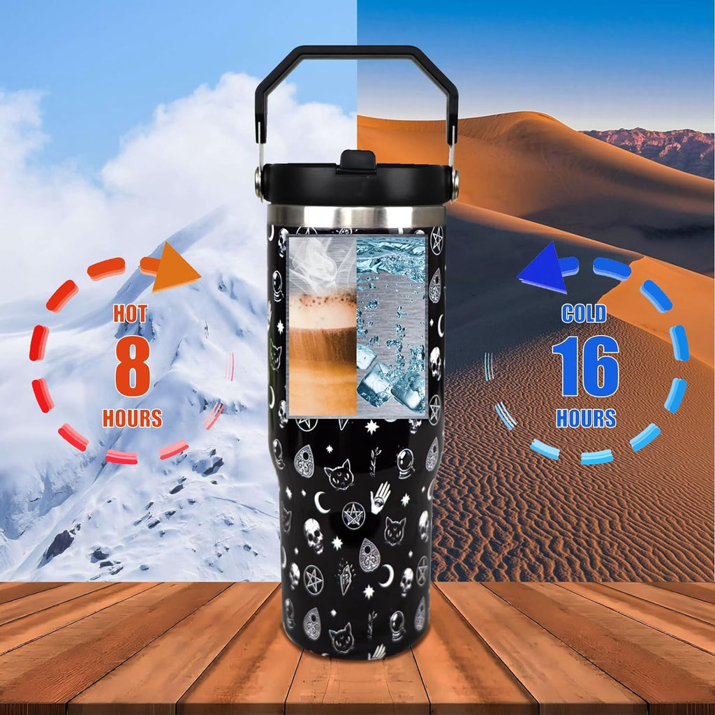 Gothic 30 oz Tumbler with Handle and Flip Straw，Stainless Steel Double Wall Insulated Travel Bottle with Top Handle Lid, Spill-Proof Tumbler with Straw and Handle for Men Women