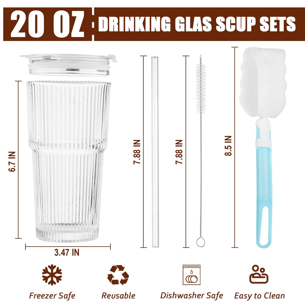 Lumikrypt 4 Pcs 20 oz Ribbed Glass Tumblers with Straw Lids, Iced Coffee Tumbler with Heat-Resistant & Antifreeze Sleeves, Thickened Glass, Ideal for Iced Coffee, Smoothies, Juices