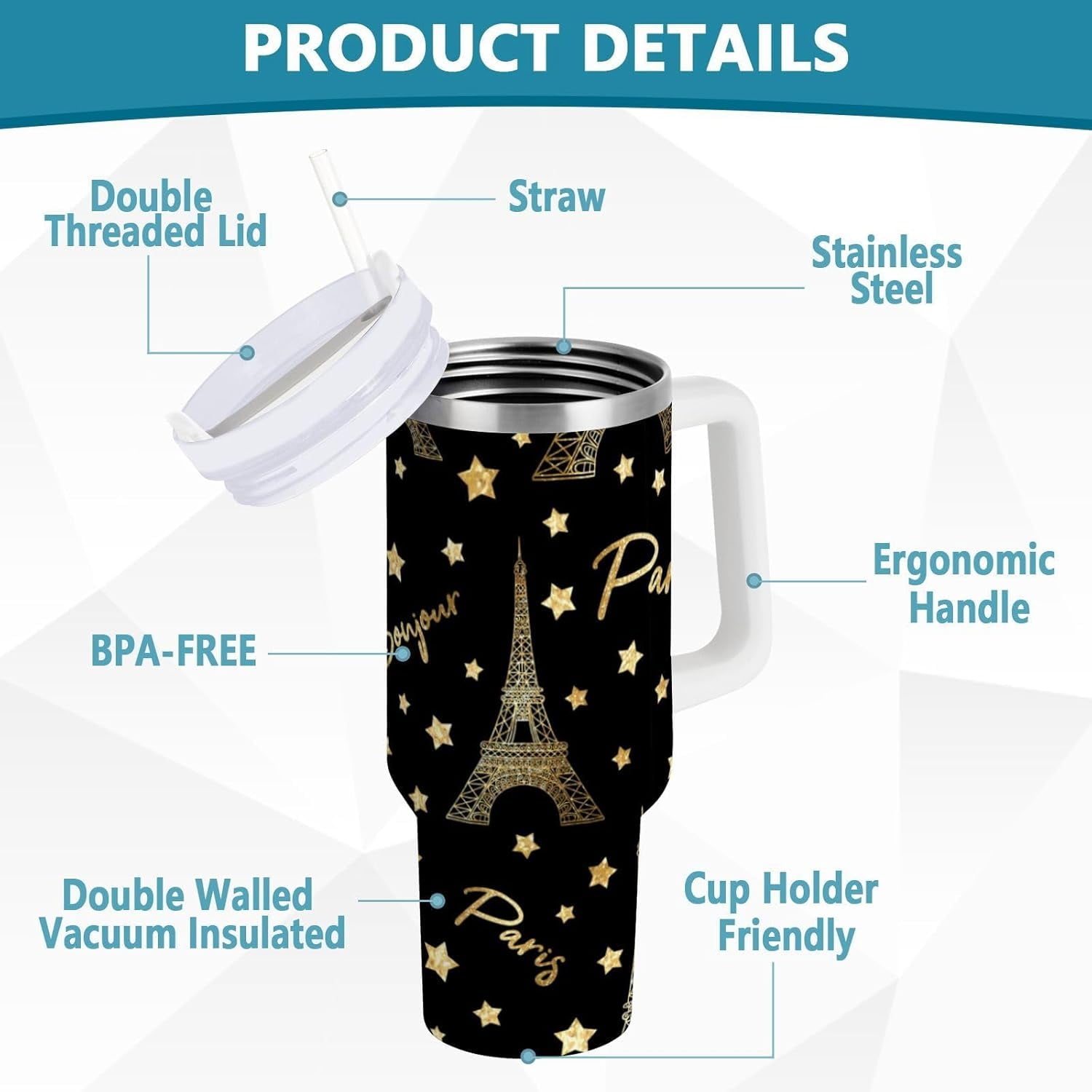 Eiffel Tower Tumbler Handle Lid and Straw Gold Glitter Stars Water Bottle Stainless Steel Coffee Travel Tumbler Mug Cup Gifts for Men Women 40oz