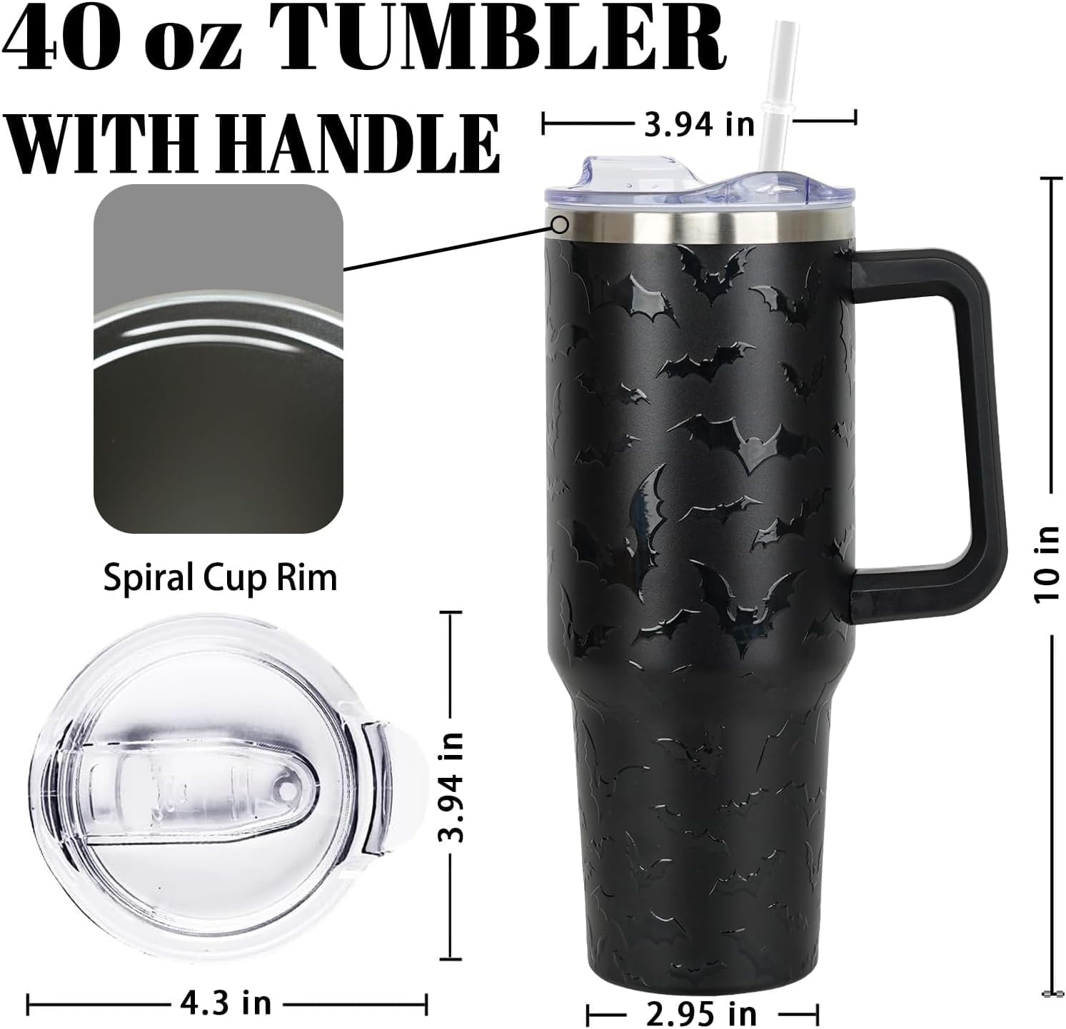 40 oz Halloween Tumbler with Lid and Straw - 5D Bat Print Tumblers with Handle Halloween Stainless Steel Insulated Travel Cup Black Coffee Cups Gifts for Women Men Adults