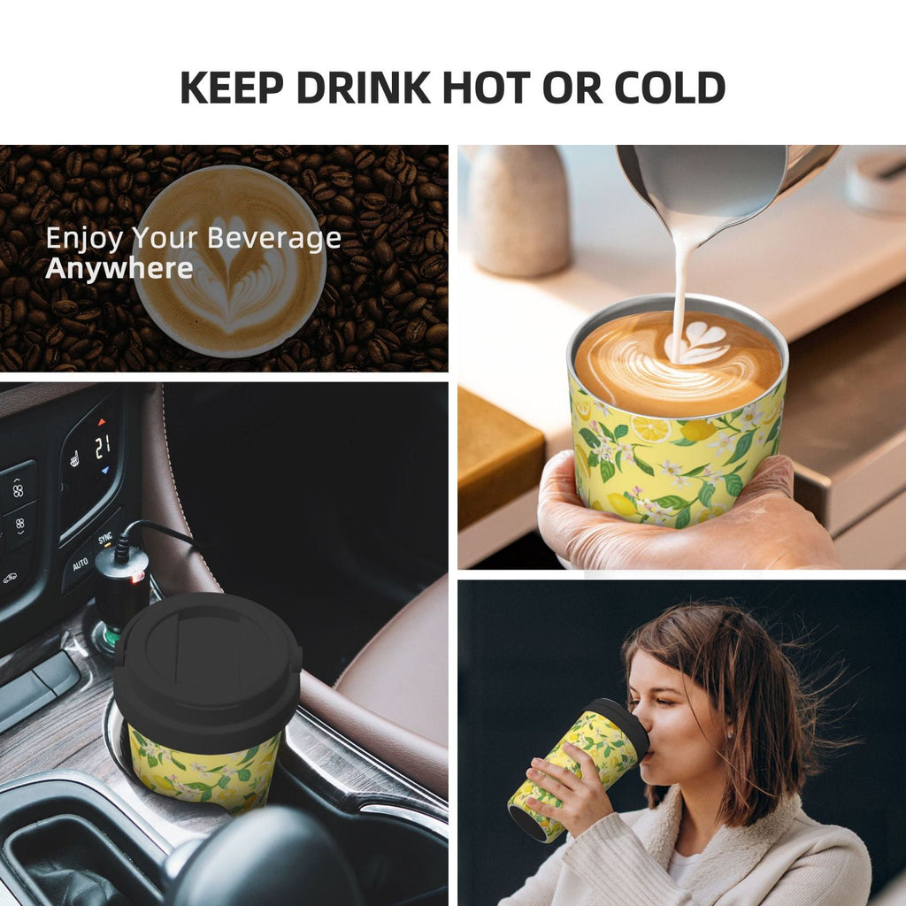 Rateoe Lemon (2) Pattern Travel Coffee Mug Tumbler with Flip Lid | Reusable Insulated Stainless Steel Cold Brew Iced Coffee Cup Thermos
