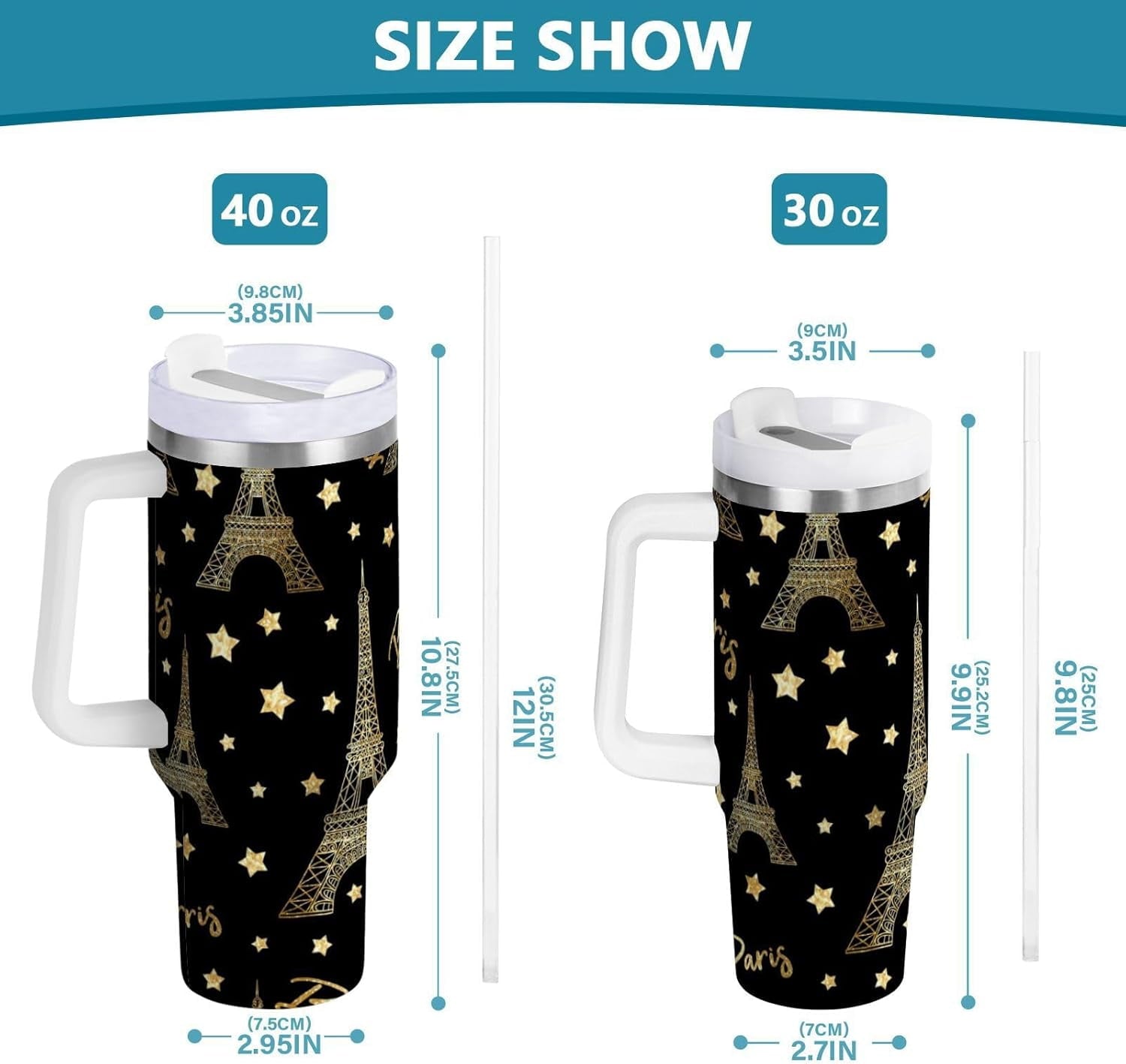 Eiffel Tower Tumbler Handle Lid and Straw Gold Glitter Stars Water Bottle Stainless Steel Coffee Travel Tumbler Mug Cup Gifts for Men Women 40oz