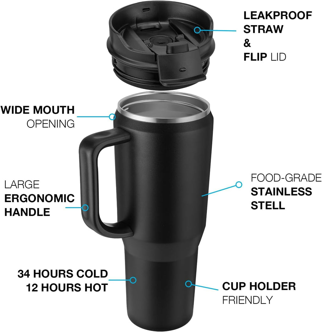 40 oz Tumbler with Handle, Insulated Tumblers with Lid and Straw, Large   Water Bottle Jug, Thermal Stainless  Travel Coffee Mug Cup, Black