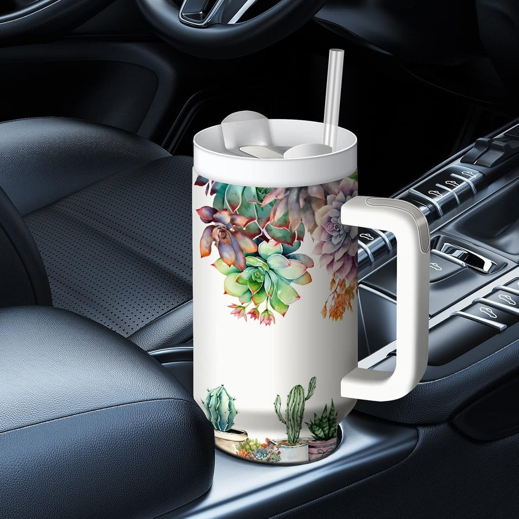 Succulents 40oz Stainless Steel Travel Mug Tumbler with Handle, Double Wall Vacuun Insulated Cup with Lid and Straw