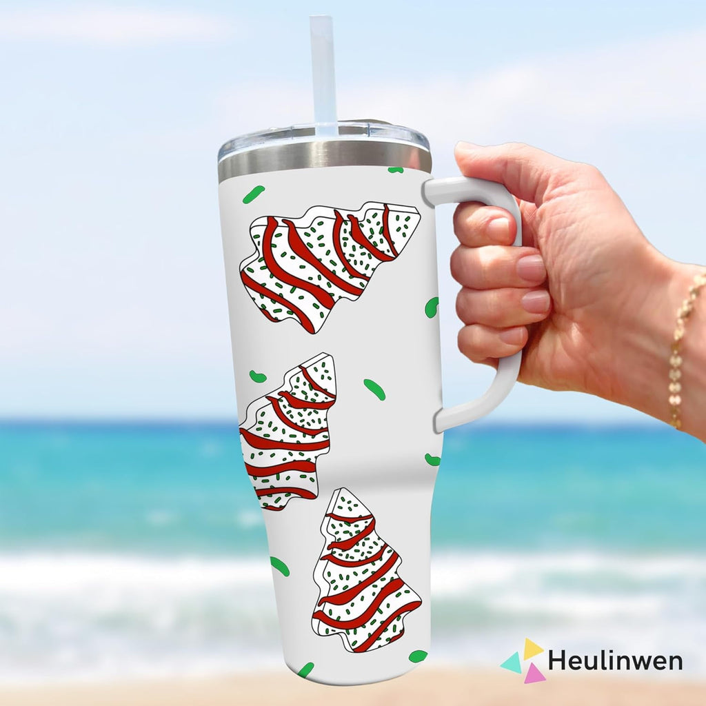 Christmas Tree Cakes Tumbler Christmas Gifts for Women - Christmas 40 oz White Tumbler with Handle and Straw - Stainless Steel Insulated Travel Tumbler - Merry Christmas Holiday Coffee Mug