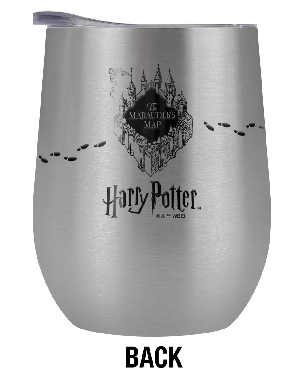 Harry Potter Official Up To No Good 12 OZ Silver Stemless Tumbler, Stainless Steel Travel Cup|Lake Tumbler|Insulated with Leak Resistant Slide-Lock Lid