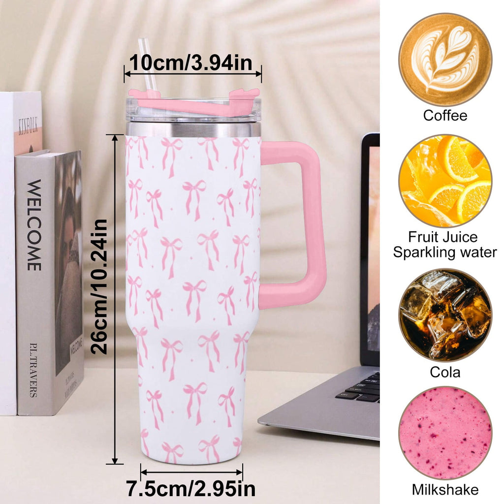 40oz Elegant Pink Bow Tumbler - Insulated Travel Mug with Handle, Reusable Straw & Leak-Proof Lid|Women's Gift for Birthday, Mother's Day, Valentine's & Holidays