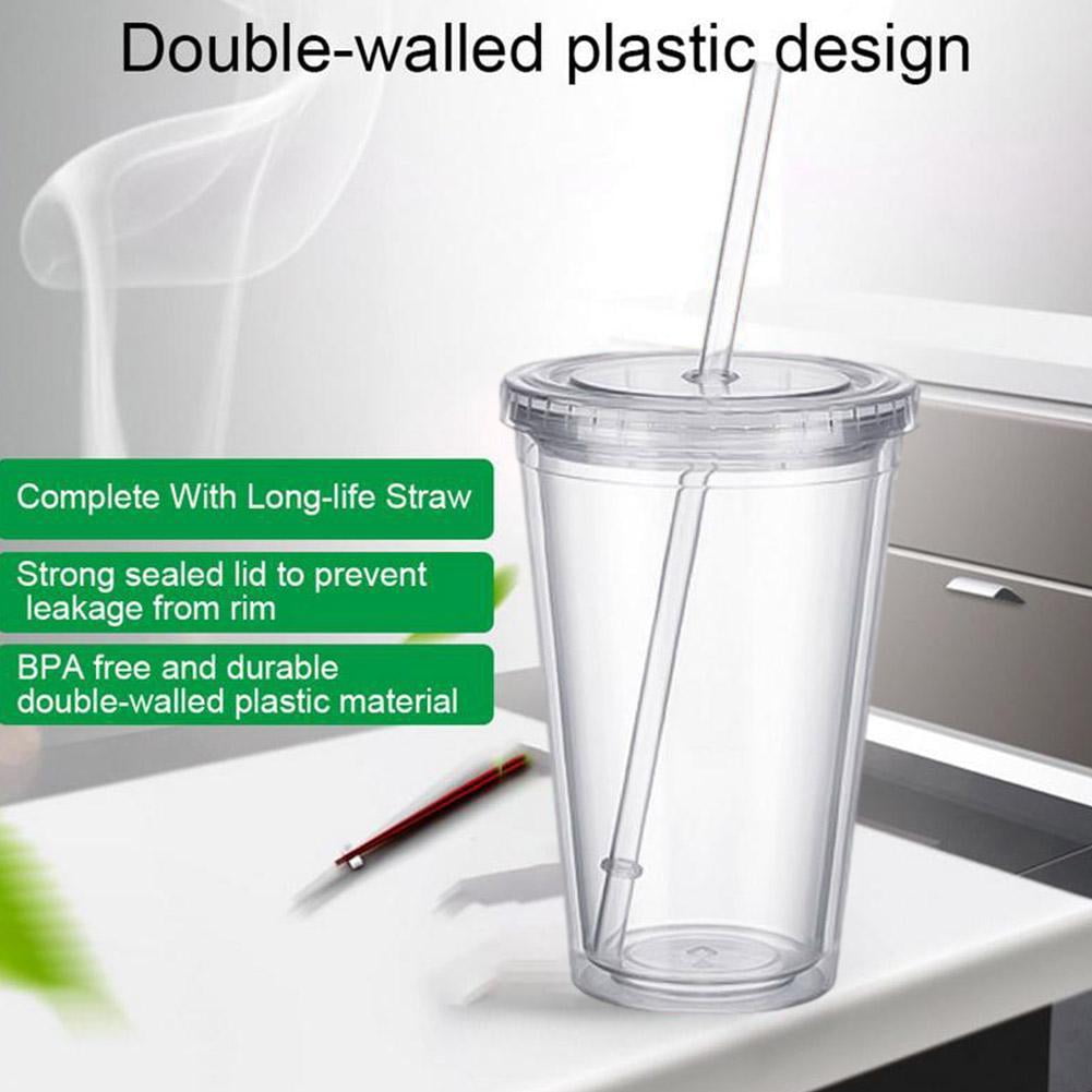 5PCS Double Wall Clear Plastic Tumbler with Lid and Straw, 17oz Reusable Cup for Adults, BPA-Free Cold Drink Glass for Smoothies Iced Coffee, Travel Cup