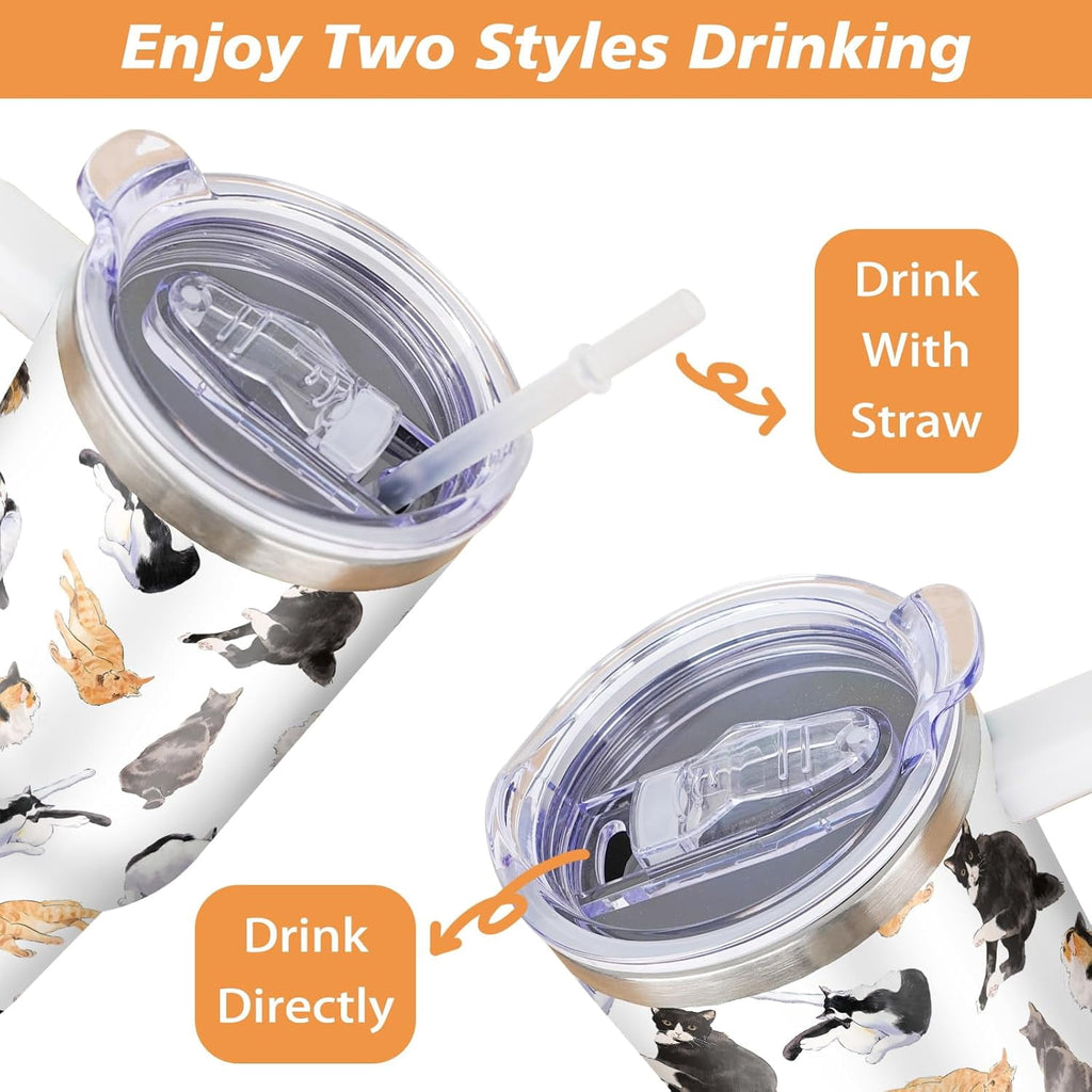 30 oz Cat Tumbler with Handle and Straw, Stainless Steel Vacuum Insulated Travel Coffee Mug Cup Water Bottle, Cat Stuff Accessories Decor, Cat Lover Gifts for Women Girls