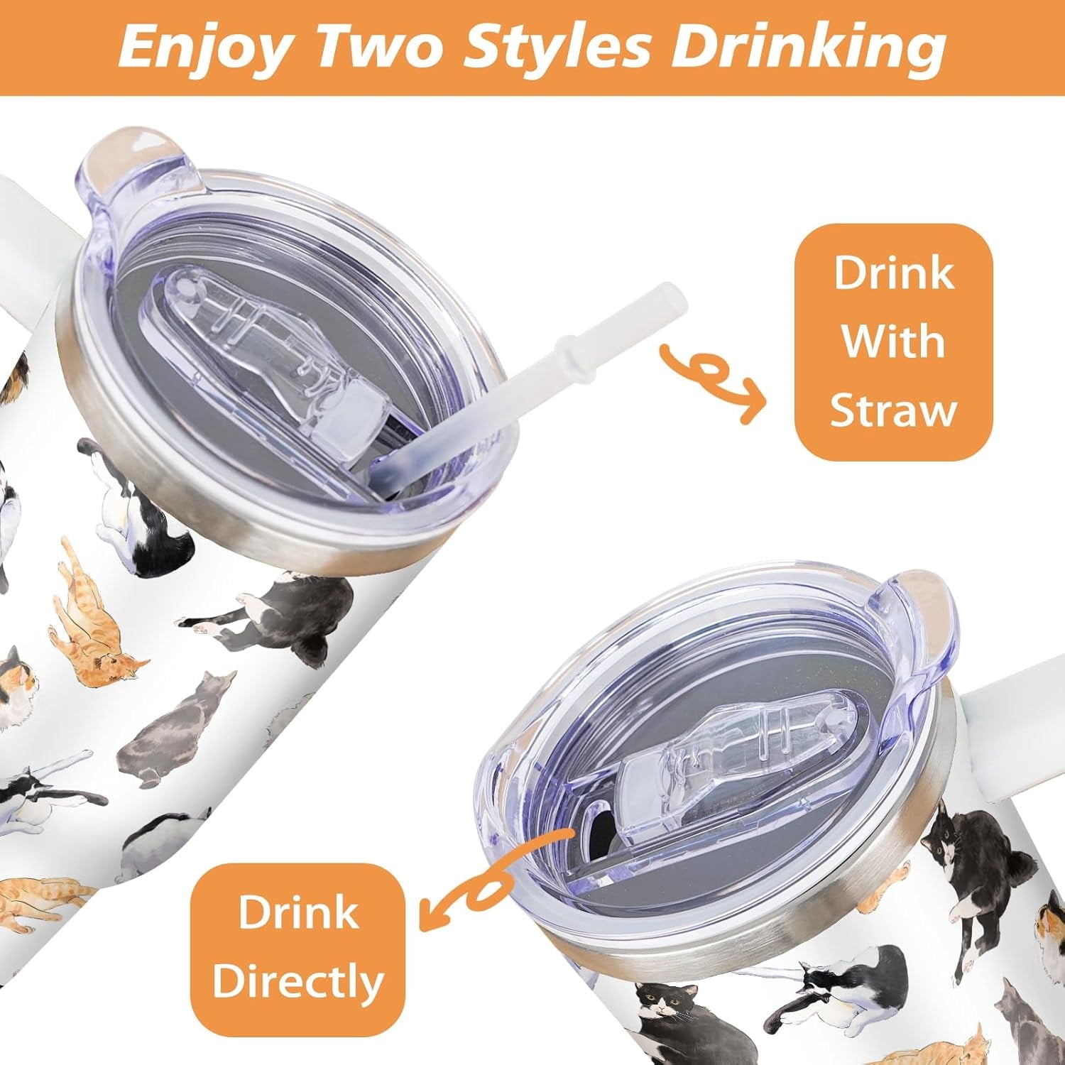 30 oz Cat Tumbler with Handle and Straw, Stainless Steel Vacuum Insulated Travel Coffee Mug Cup Water Bottle, Cat Stuff Accessories Decor, Cat Lover Gifts for Women Girls