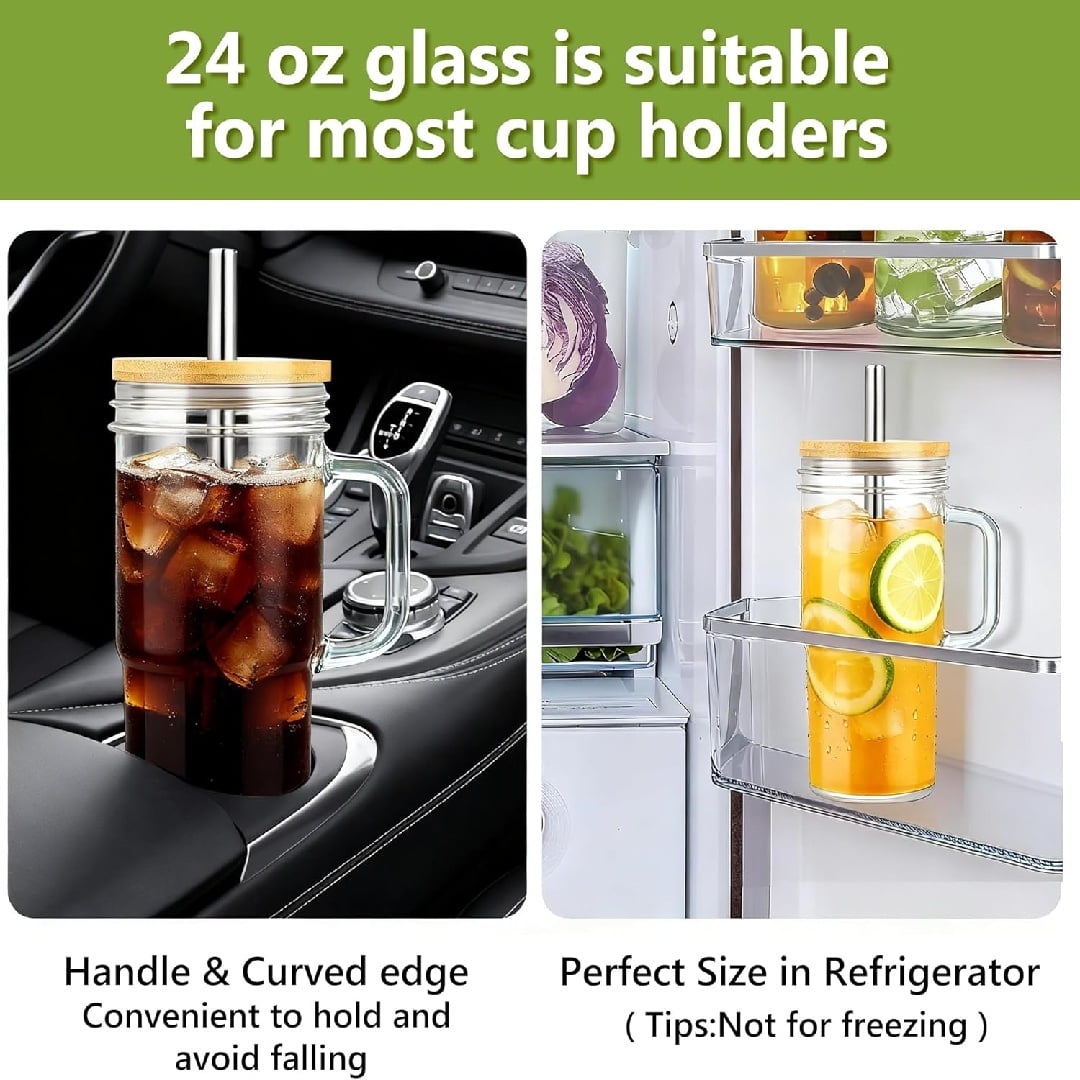 4 Pack 24oz Glass Cups with Lids and Straws, Glass Tumbler With Handle, Reusable Iced Coffee Cup with Lids-Mason Jar with Lid and Straw,Boba Cup for Cold & Hot Drinks,Smoothies Cup,Travel Mug