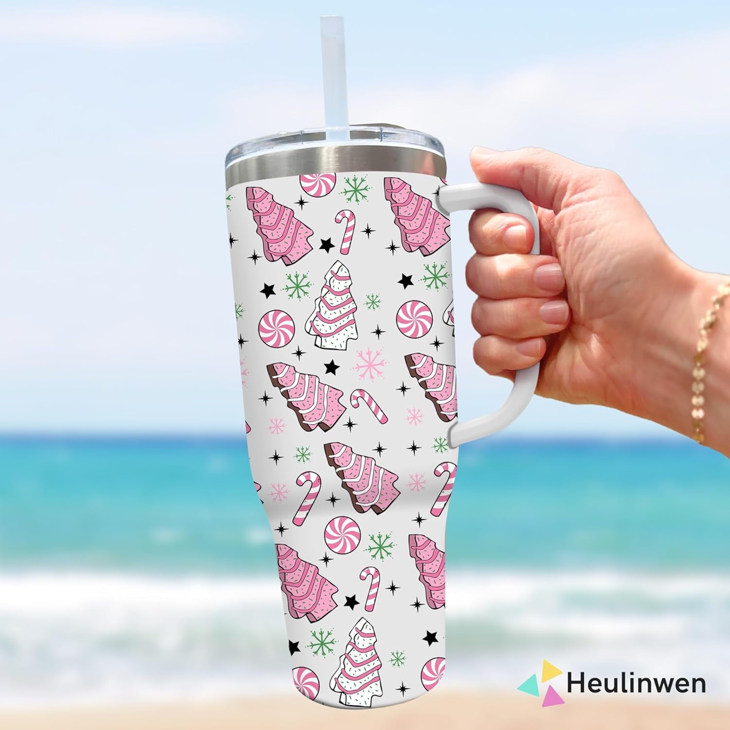 Pink Christmas Tree Cakes Stainless Steel Tumbler 40Oz With Handle Insulated Tumbler Holiday Coffee Travel Mug for Tea, Latte, Hot Chocolate Seasonal Xmas Gifts for Women Men Coworker or Friends