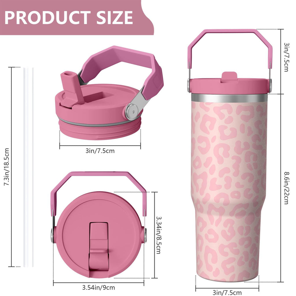 1pc Pink Leopard Print 30oz Tumbler with Straw & Handle - Insulated Stainless Steel Cup | Holiday Gift for Man Women (Christmas, Valentine's, Birthday)