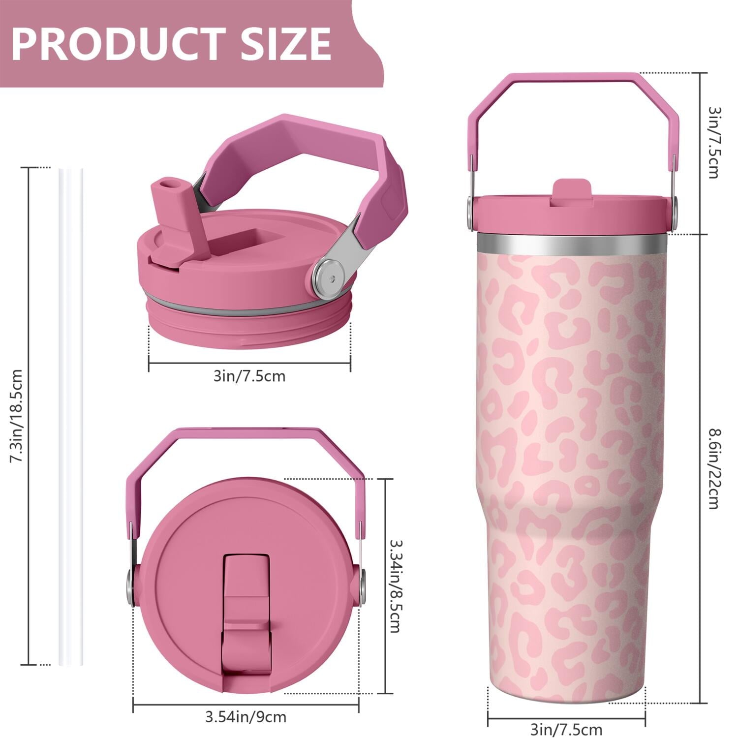 1pc Pink Leopard Print 30oz Tumbler with Straw & Handle - Insulated Stainless Steel Cup | Holiday Gift for Man Women (Christmas, Valentine's, Birthday)