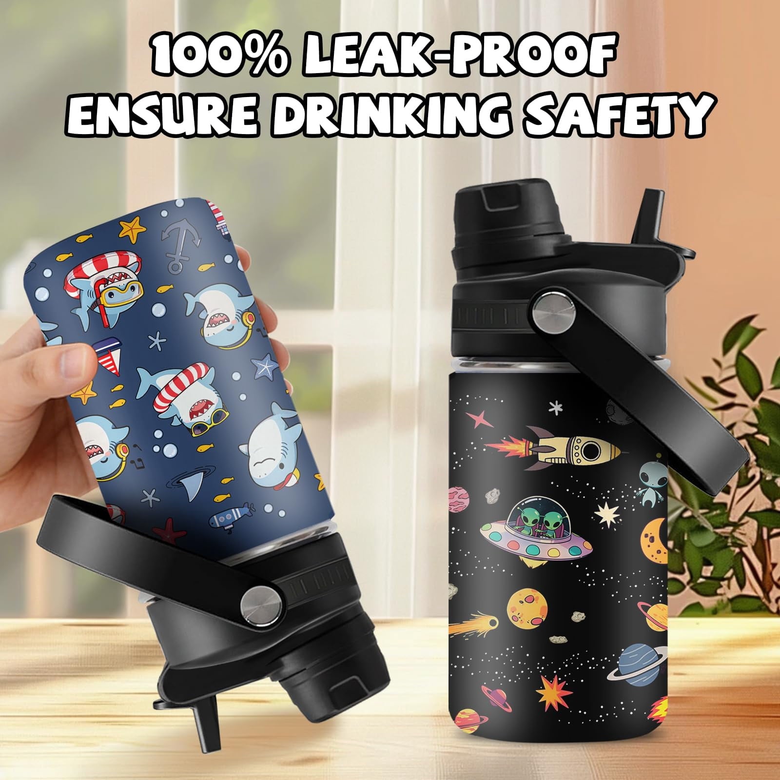 JOPJOLIW 12OZ Shark Water Bottle for Boys, Birthday Gift for Planet Lovers, Insulated Tumbler with Straw & Handle for Son, Stainless Steel Reusable Leak-proof Cup for Sports, G-Black 2-Pack