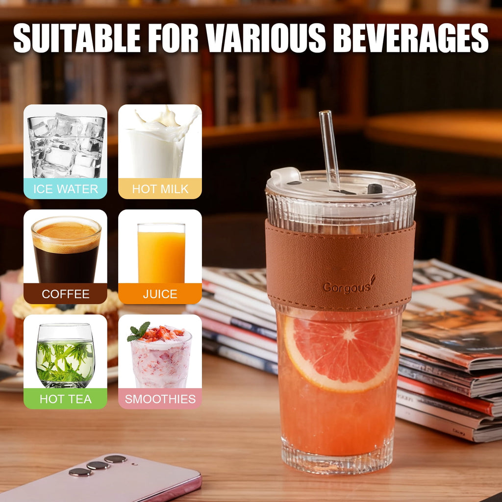 Lumikrypt 4 Pcs 20 oz Ribbed Glass Tumblers with Straw Lids, Iced Coffee Tumbler with Heat-Resistant & Antifreeze Sleeves, Thickened Glass, Ideal for Iced Coffee, Smoothies, Juices